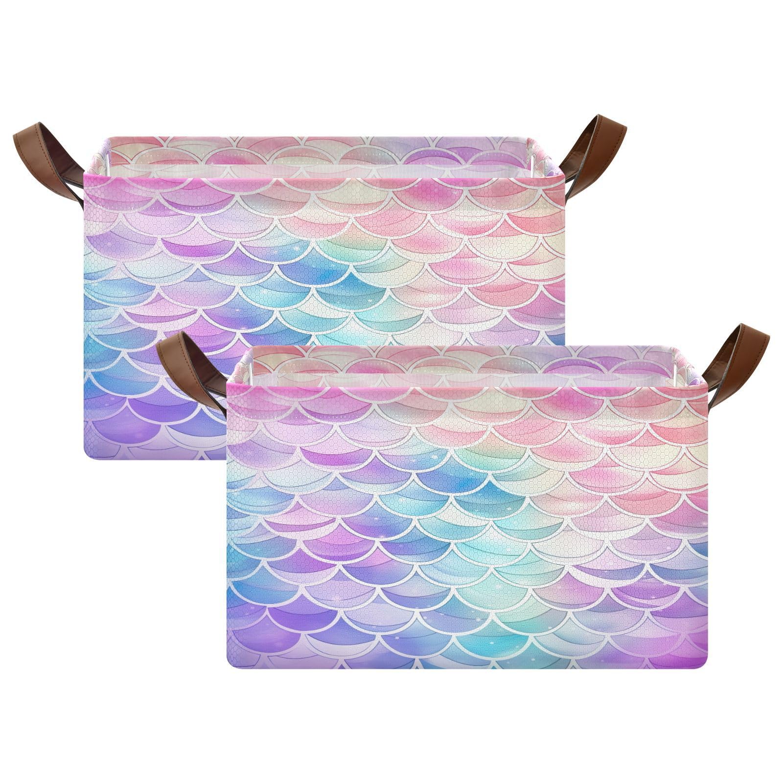 Rainbow Mermaid Foldable Storage Baskets for Shelves - 2 Pack Collapsible Sturdy Storage Bins with Handles, Closet Organizer Cubes for Bedroom, Bathroom & Kids Room Organization