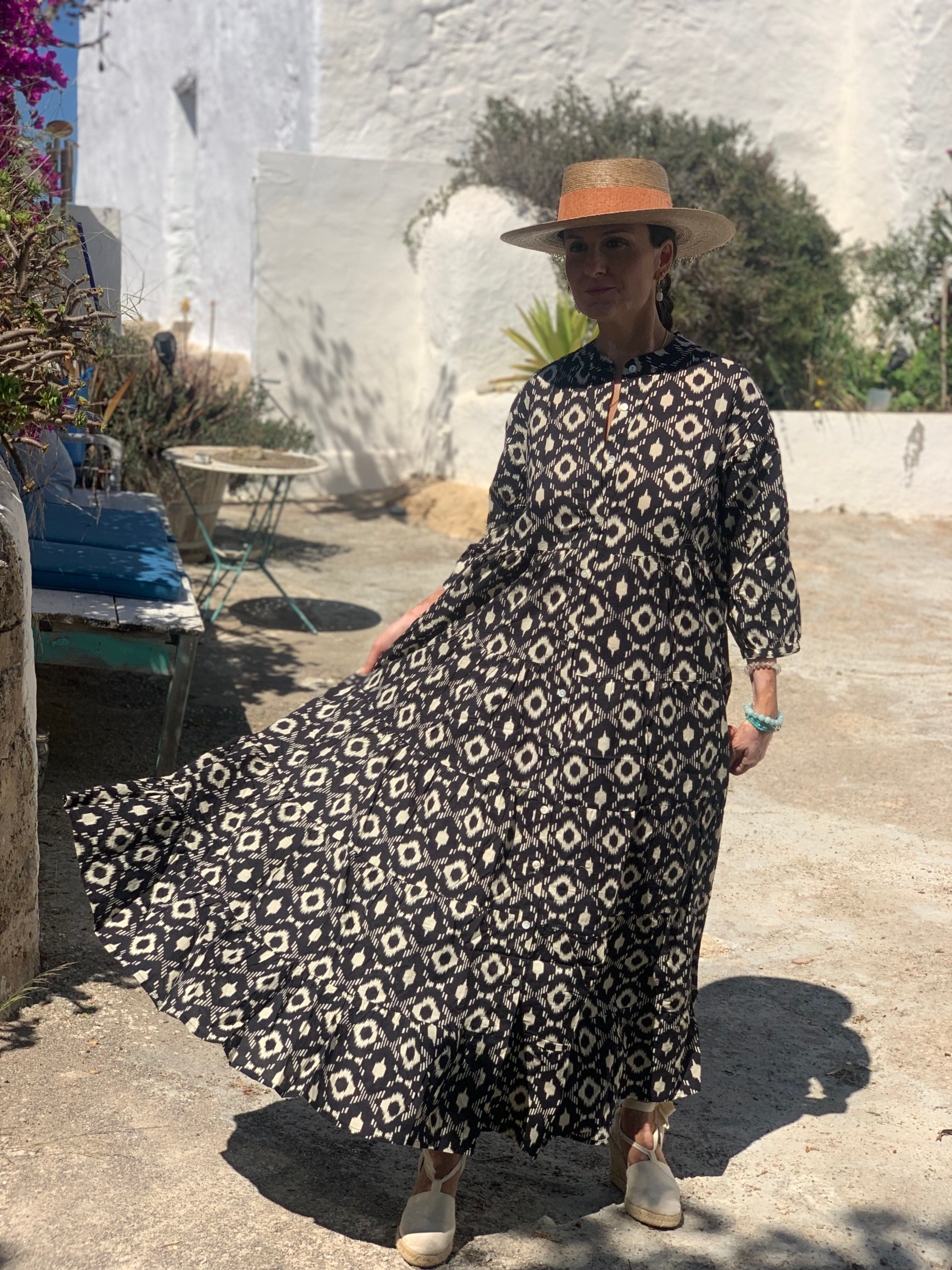 Hawa Mahal Geometric Block Print Black Cotton Dress - Elegant Boho Chic Floral Embroidery Maxi Dress for Women - Perfect for Summer Vacations, Beach Parties & Festivals