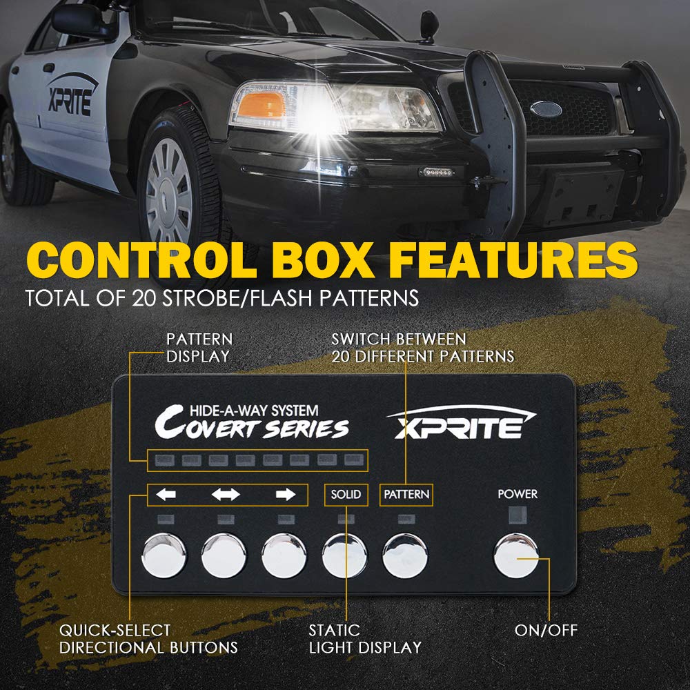 Xprite White Amber LED Hideaway Strobe Lights Kit - 20 Flashing Patterns with Control Panel for Headlights, Taillights & Fog Lights - Emergency Vehicle Lighting for Trucks, SUVs, Vans, Cars, UTVs & ATVs (8-Piece Kit) - Perfect for Roadside Emergencies, Construction Zones & Off-Road Adventures