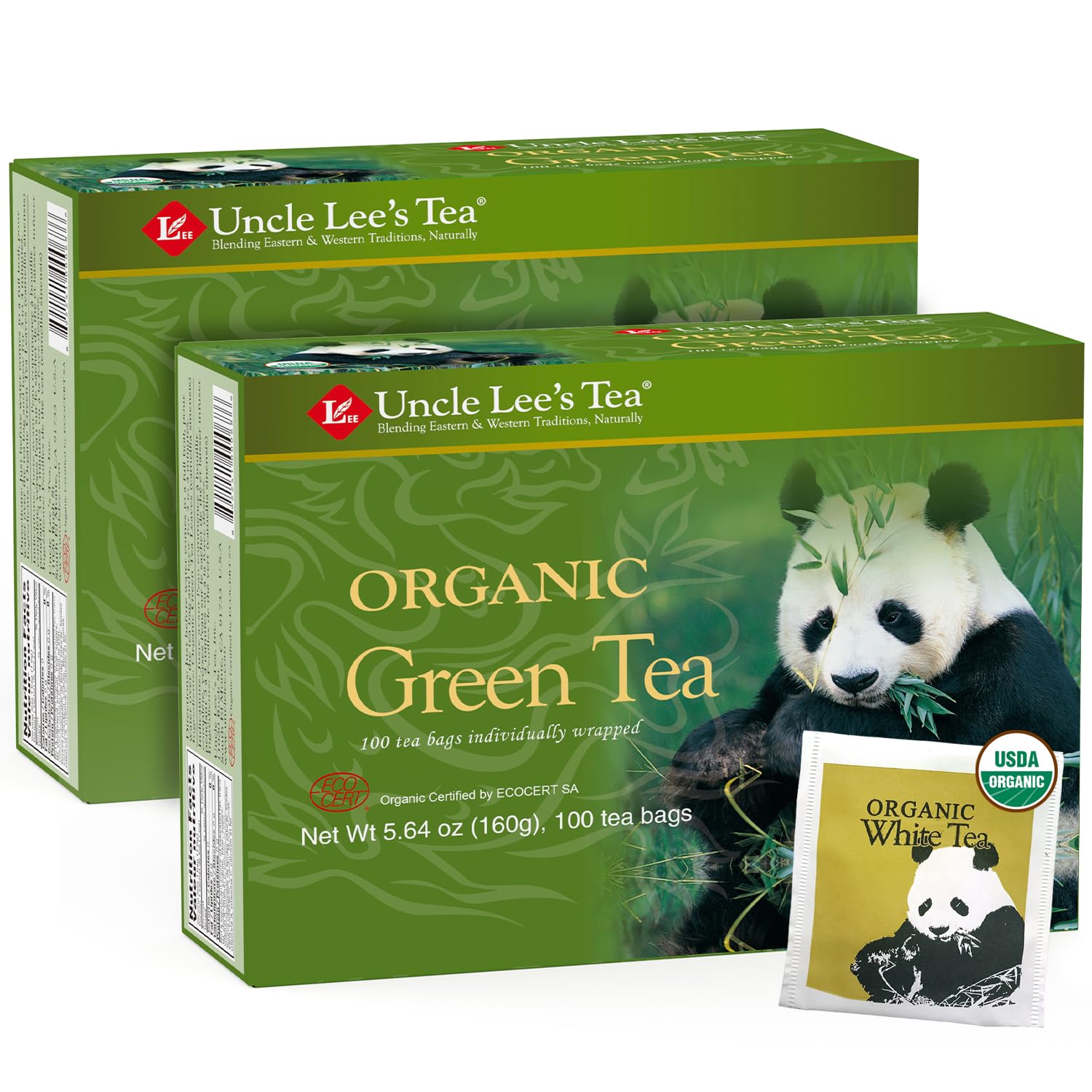 Uncle Lee's Organic Green Tea 100 Tea Bags (2-Pack) + White Tea Single-Use Pack - 3 Piece Set | Premium Loose Leaf Tea for Daily Wellness, Detox & Relaxation | Perfect for Home, Office & Gifts