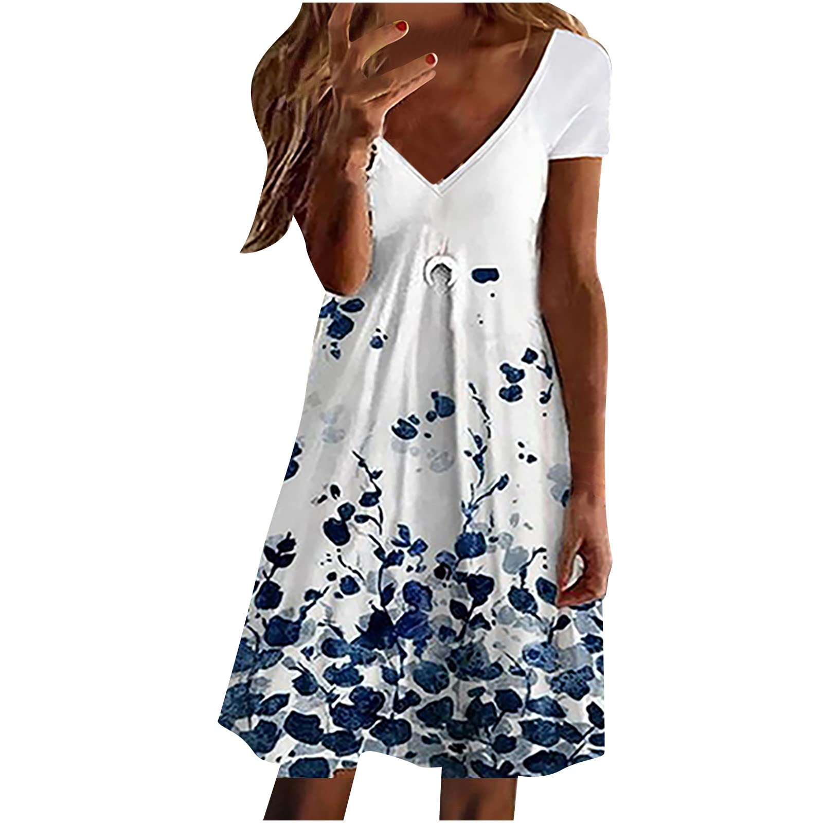 Women's Floral Print V-Neck Ruched Mini Dress - Short Sleeve Loose Fit Vintage Summer Dress for Casual Wear, Date Night & Beach Outings