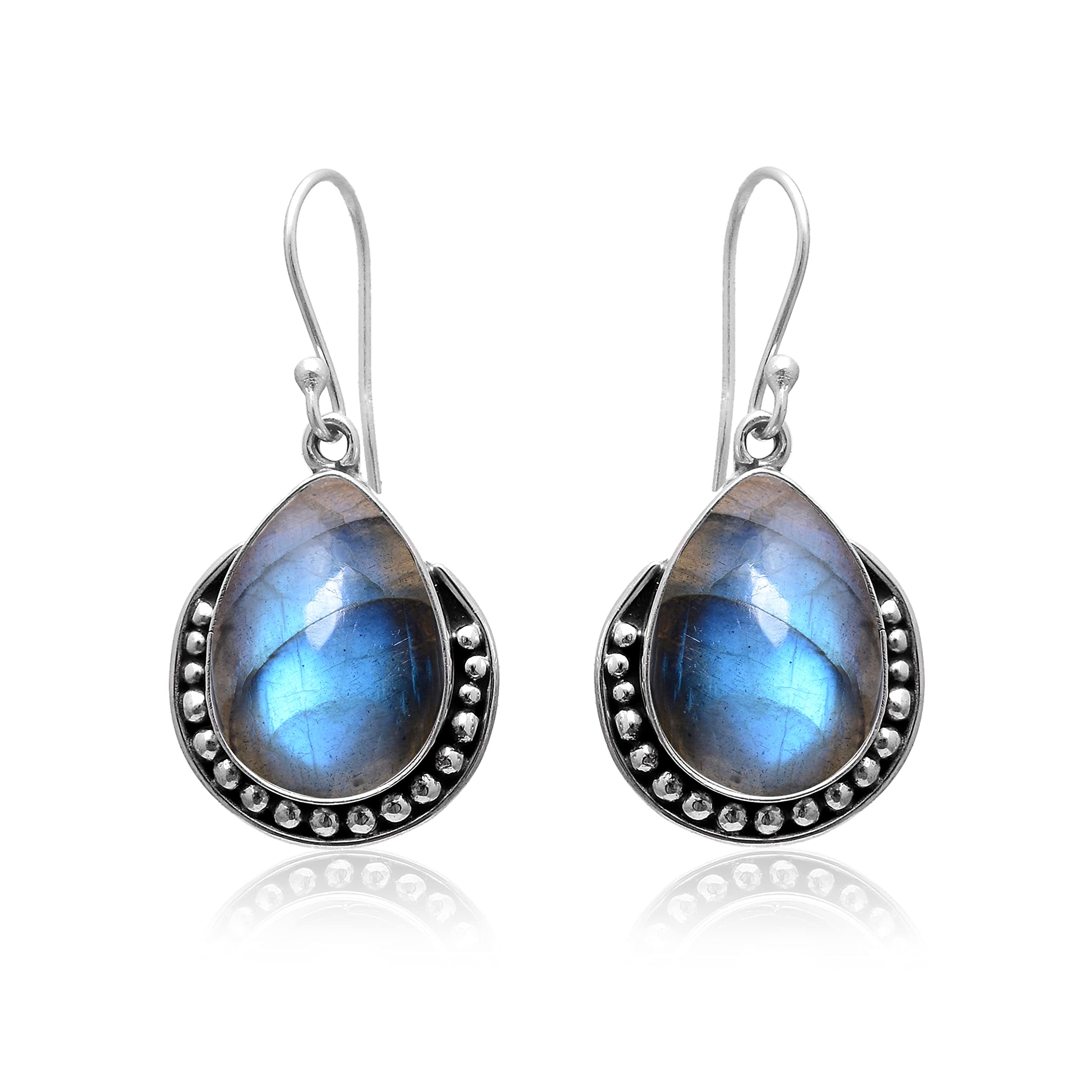 Labradorite Earrings for Women - 925 Sterling Silver Blue Green Gemstone Jewelry | Handmade Dangle Earrings with Labradorite Stone | Perfect for Gift, Wedding & Evening Wear (VSE-442)