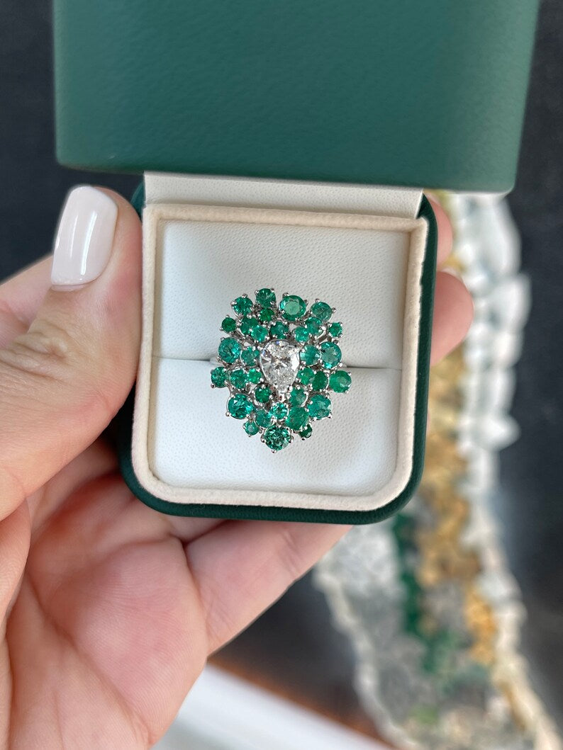 3.38tcw 14K White Gold Teardrop Diamond & Emerald Cluster Statement Ring for Women - Elegant Jewelry Gift for Anniversary, Wedding & Special Occasions