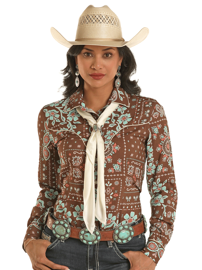 Panhandle LWN2S03391 Women's Bandana Snap Retro Ascot Shirt in Brown - Vintage Style Blouse for Casual Outfits & Western Fashion