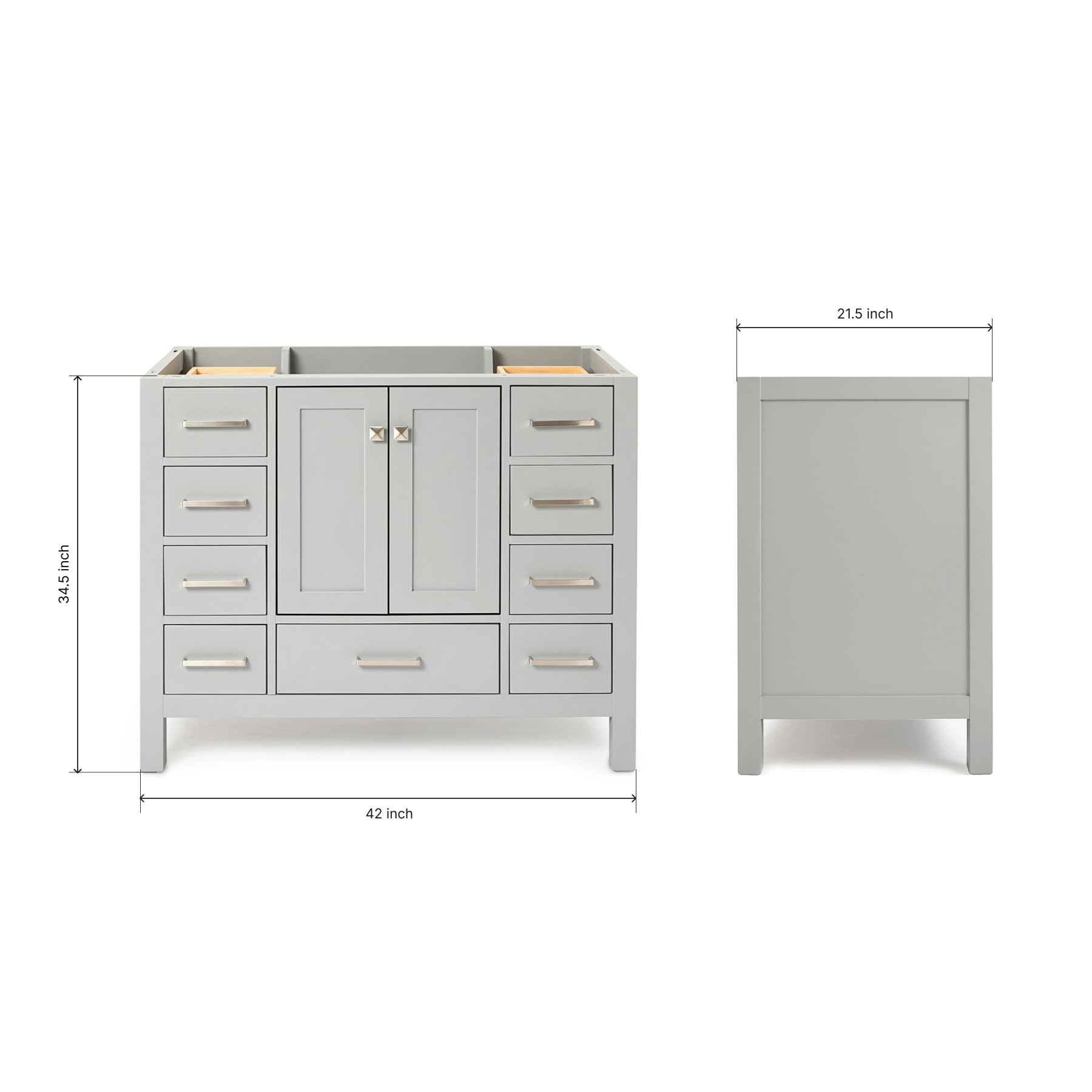 DKB Beckford Series 42 Inch Grey Bathroom Vanity Base Cabinet with Center Sink, 2 Soft Close Doors & 9 Full Extension Dovetail Drawers – Perfect for Modern Bathroom Remodeling and Space-Saving Storage Solutions