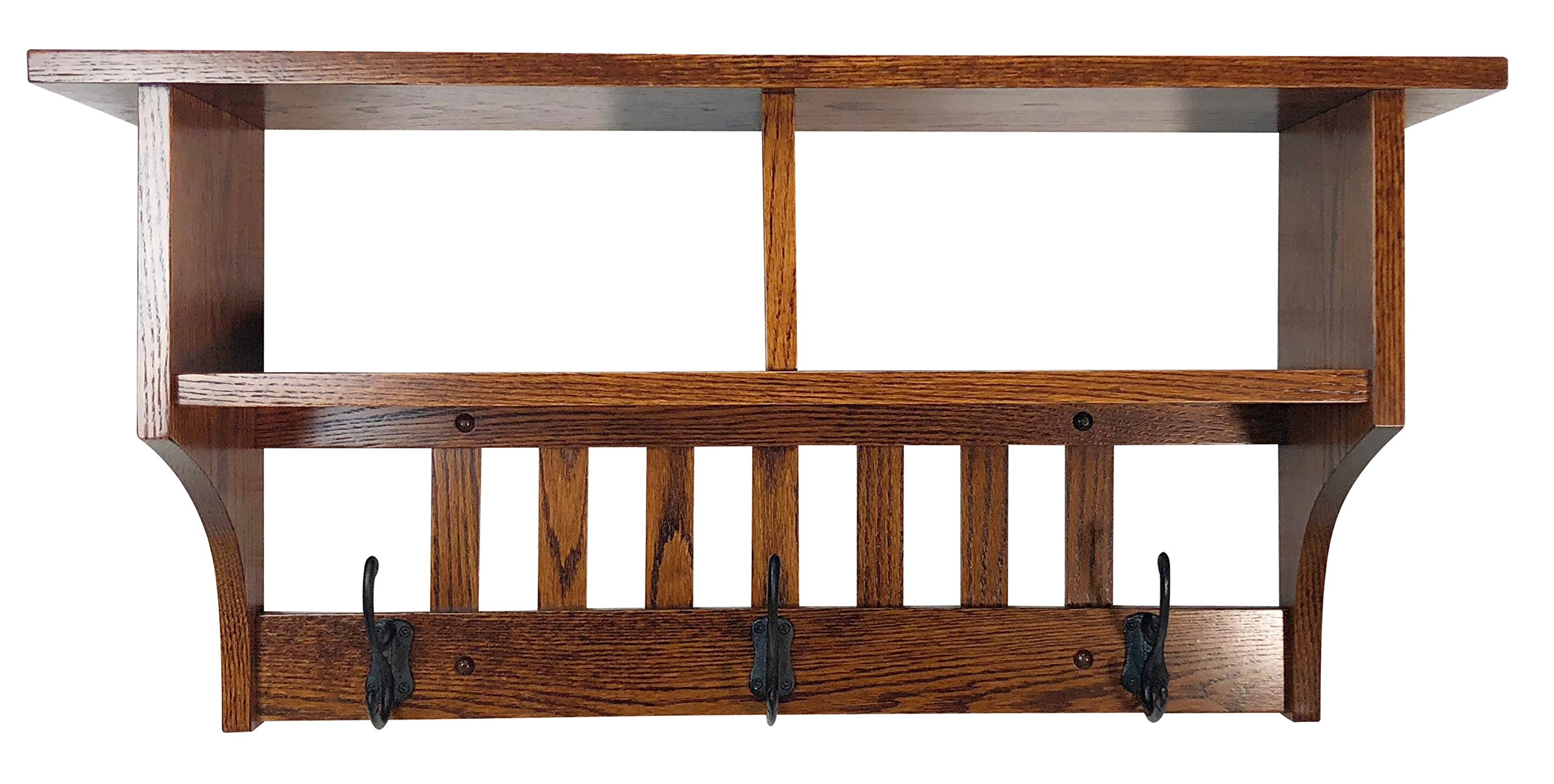 Mission Style Wall Mounted Coat Rack with Cubbies & Hooks - Rustic Farmhouse Entryway Organizer - Solid Oak Wood Shelf with 3 Hooks (Michaels Stain) - Perfect for Mudroom, Hallway & Small Space Organization