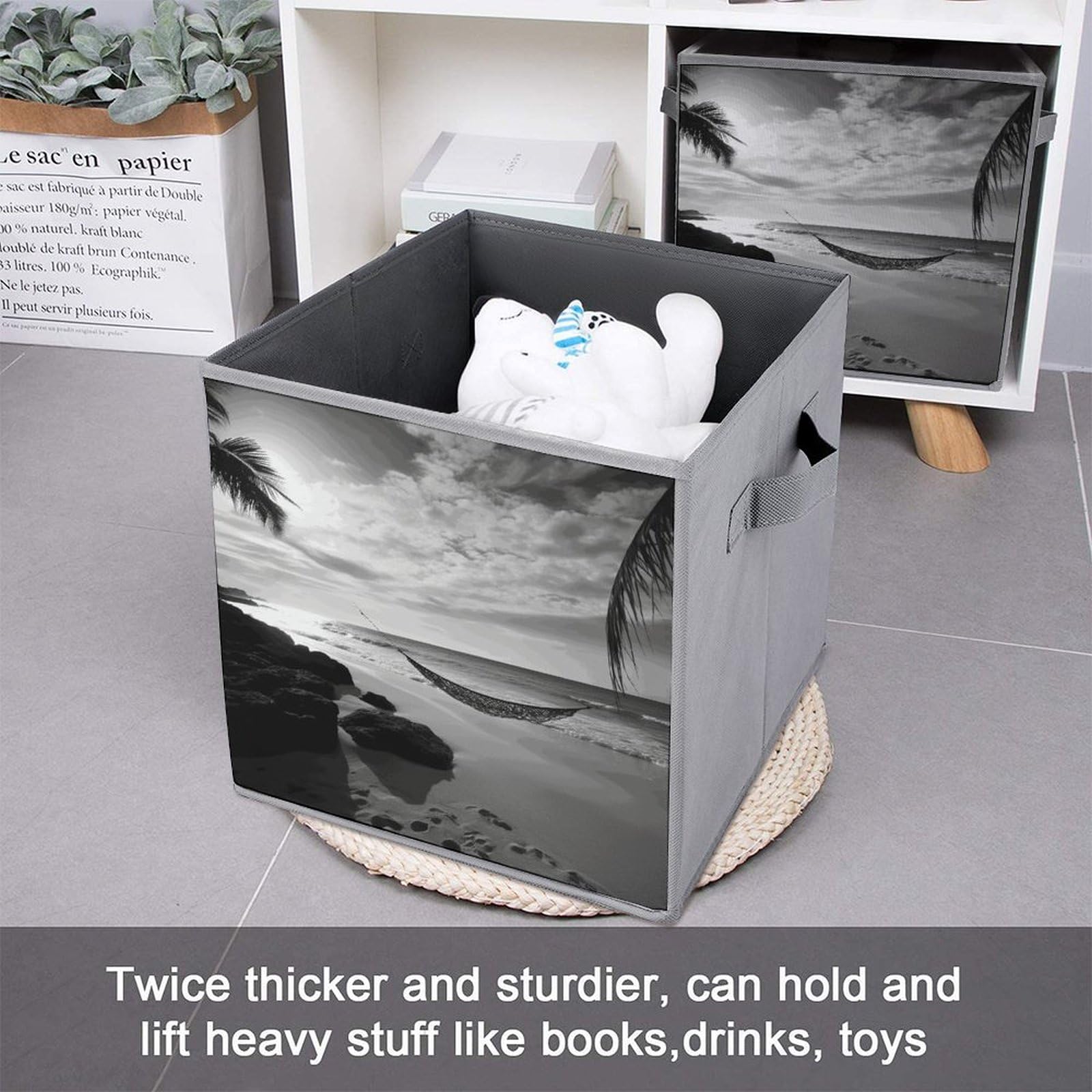 Collapsible Storage Bins with Handles - Black and White Beach Pattern Foldable Storage Boxes for Shelves, Closet & Home Organization | Multi-Purpose Storage Baskets for Bedroom, Bathroom, Laundry & Beach Trips