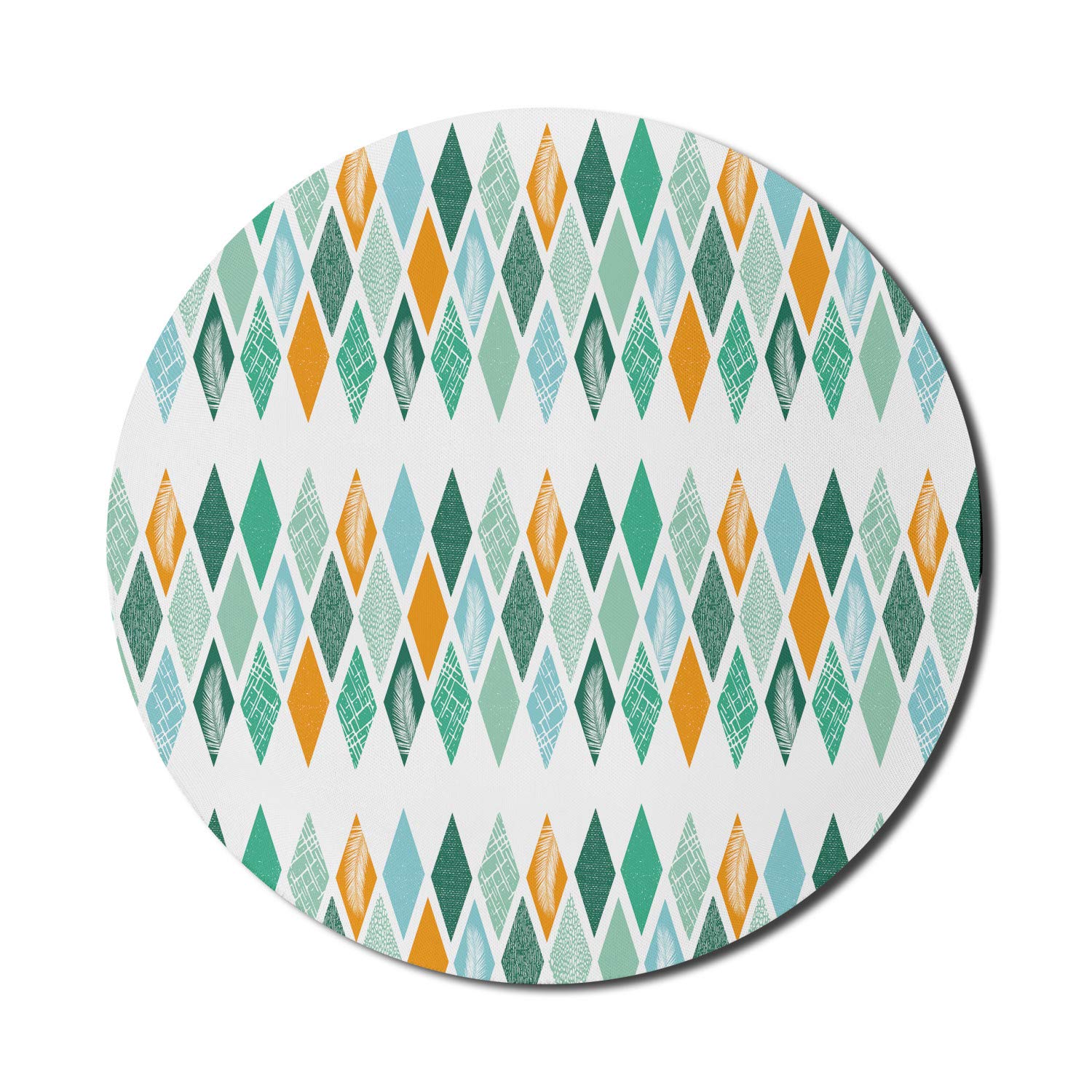 Ambesonne Geometric Mouse Pad for Computers & Gaming - Modern Abstract Rhombus Feather Design, Non-Slip Thick Rubber Base, 8 Inch Round Mousepad in Sea Green, Orange & White - Perfect for Office, Home & Gaming Setup