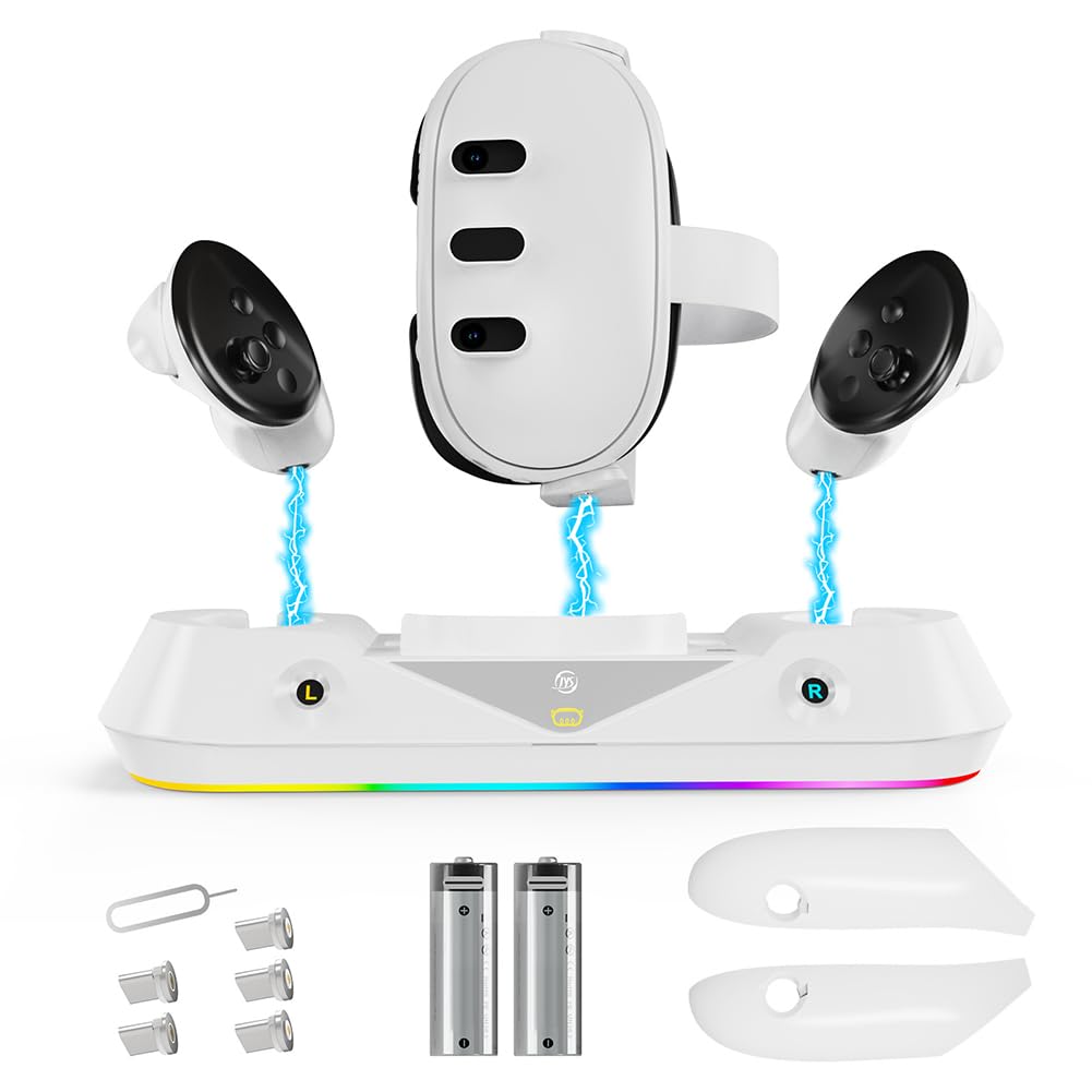 ALINUOYQ Fast Charging Dock Compatible with Meta/Oculus Quest 3 - RGB Light Magnetic Charging Station for Quest 3 Headset & Controllers - Includes Rechargeable Battery - Perfect for VR Gaming & Entertainment Setup