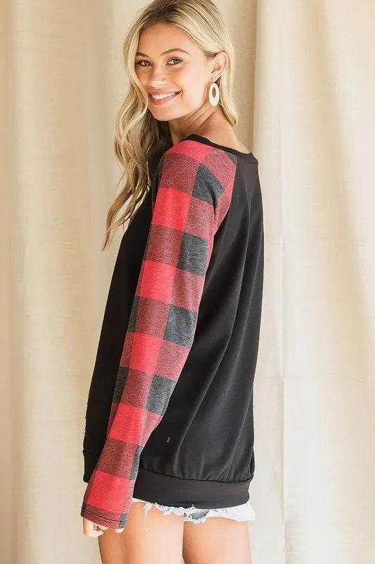 French Terry Top with Sequins & Kangaroo Pocket - Black/Red Checkered Women's Casual Shirt for Everyday Wear & Layering