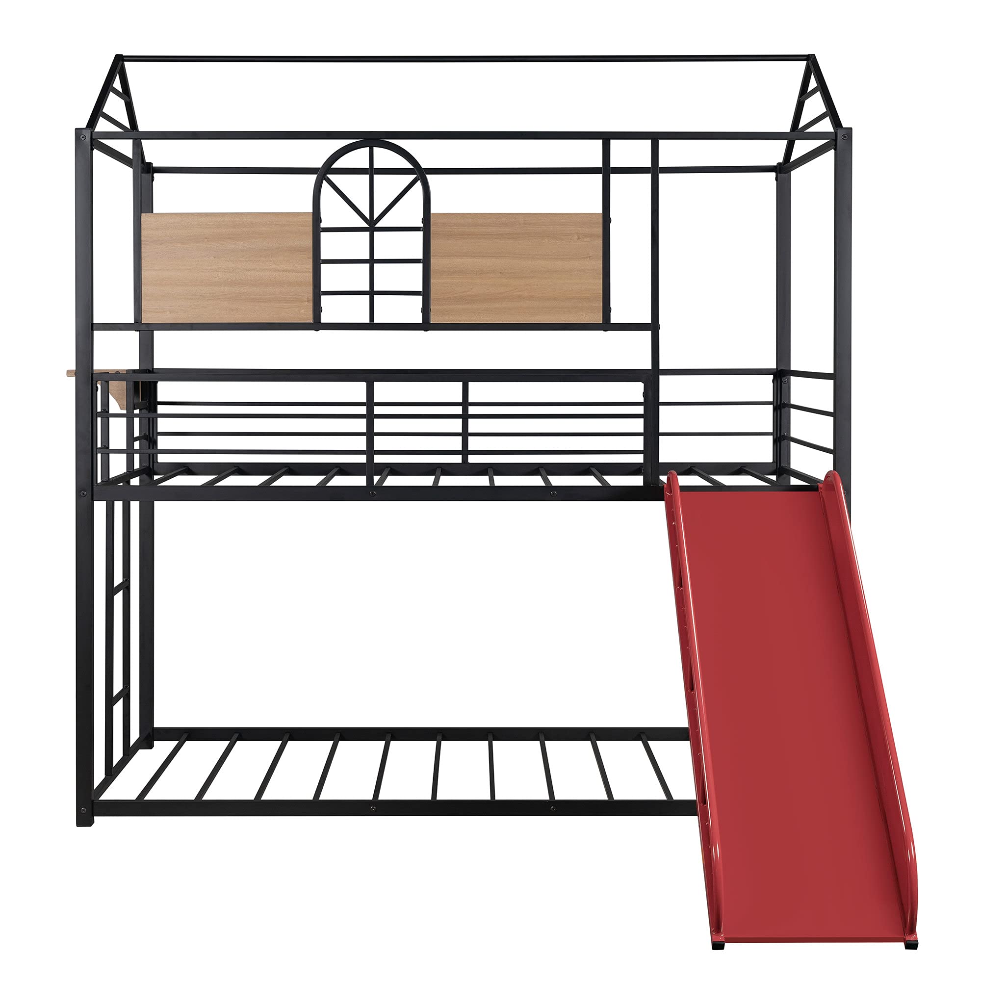 Twin Over Twin Metal Bunk Bed with Slide, Ladder & Side Shelf - Kids Club House Loft Bed in Black & Red - No Box Spring Needed - Perfect for Kids' Bedrooms, Playrooms & Sleepovers