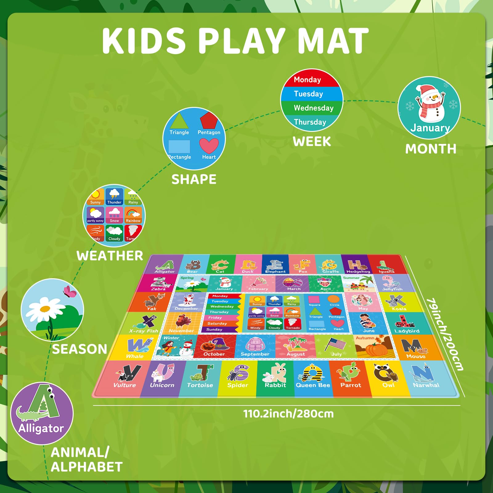 AKASISRUG Educational Kids Playroom Rug - ABC Alphabet, Months, Weather, Week & Shapes Learning Carpet for Toddlers | Non-Slip Nursery Mat for Bedroom, Classroom & Daycare (110.2x78.7 Inch) - Perfect for Early Childhood Education & Interactive Playtime