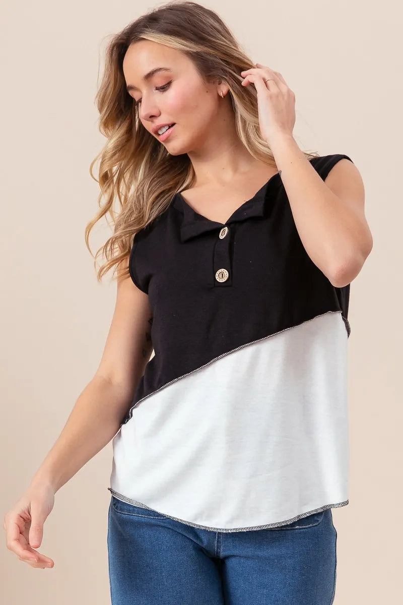 Stylish BiBi Color Block Contrast Stitching Buttoned Henley Top for Women | Trendy Casual & Workwear Blouse | Perfect for Office, Dating & Weekend Outfits