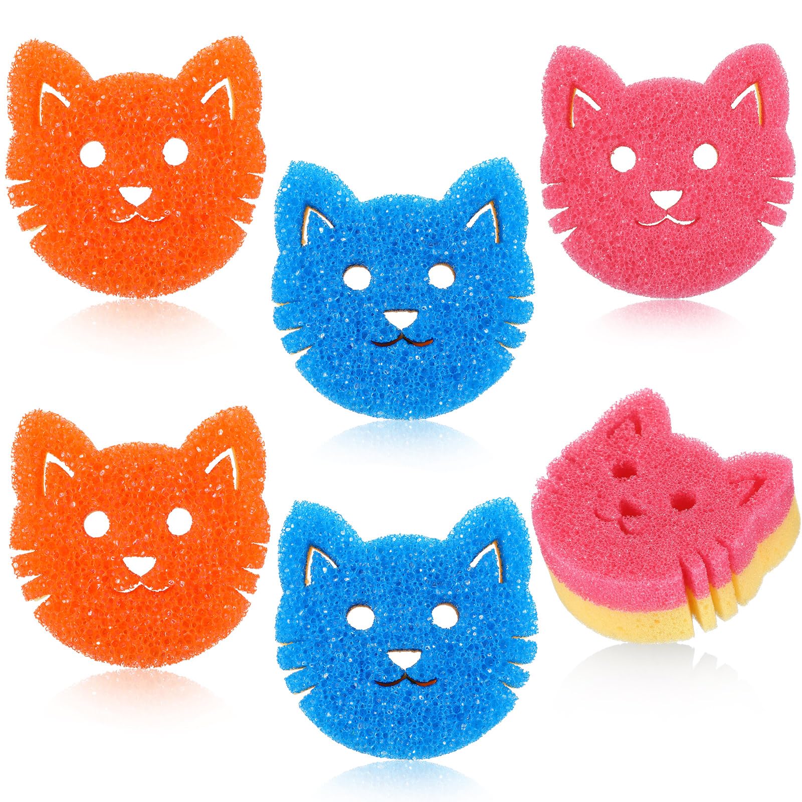 6-Pack Cute Temperature Sensitive Cat Sponges - Dual Sided Dish Scrubbers for Kitchen Cleaning, Non-Scratch Household Sponges for Washing Dishes (3 Colors) - Perfect for Daily Dishwashing, Sink Cleaning & Gentle Surface Scrubbing