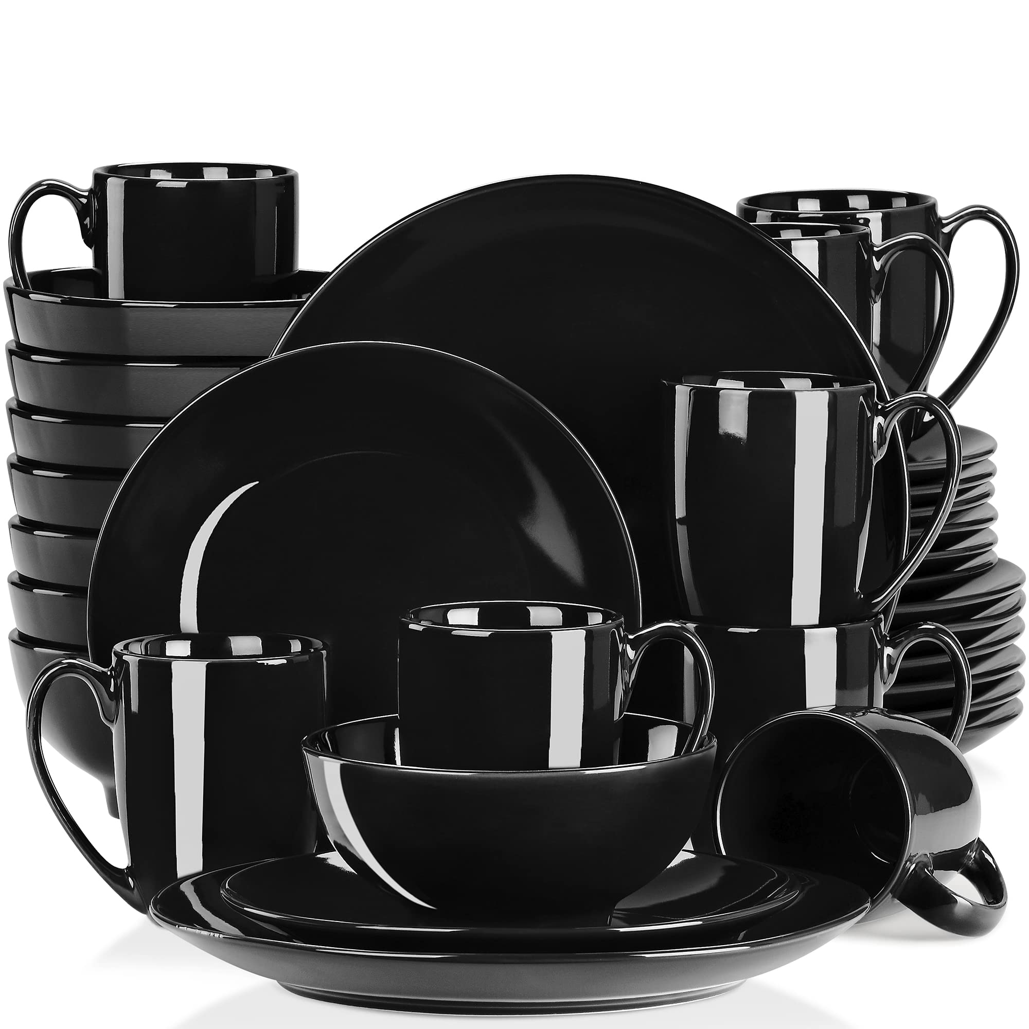 **LOVECASA 32-Piece Black Dinnerware Set for 8 - Plates, Bowls & Mugs, Smooth Glazed Surface, Microwave & Dishwasher Safe - Perfect for Family Dinners, Parties & Everyday Use**