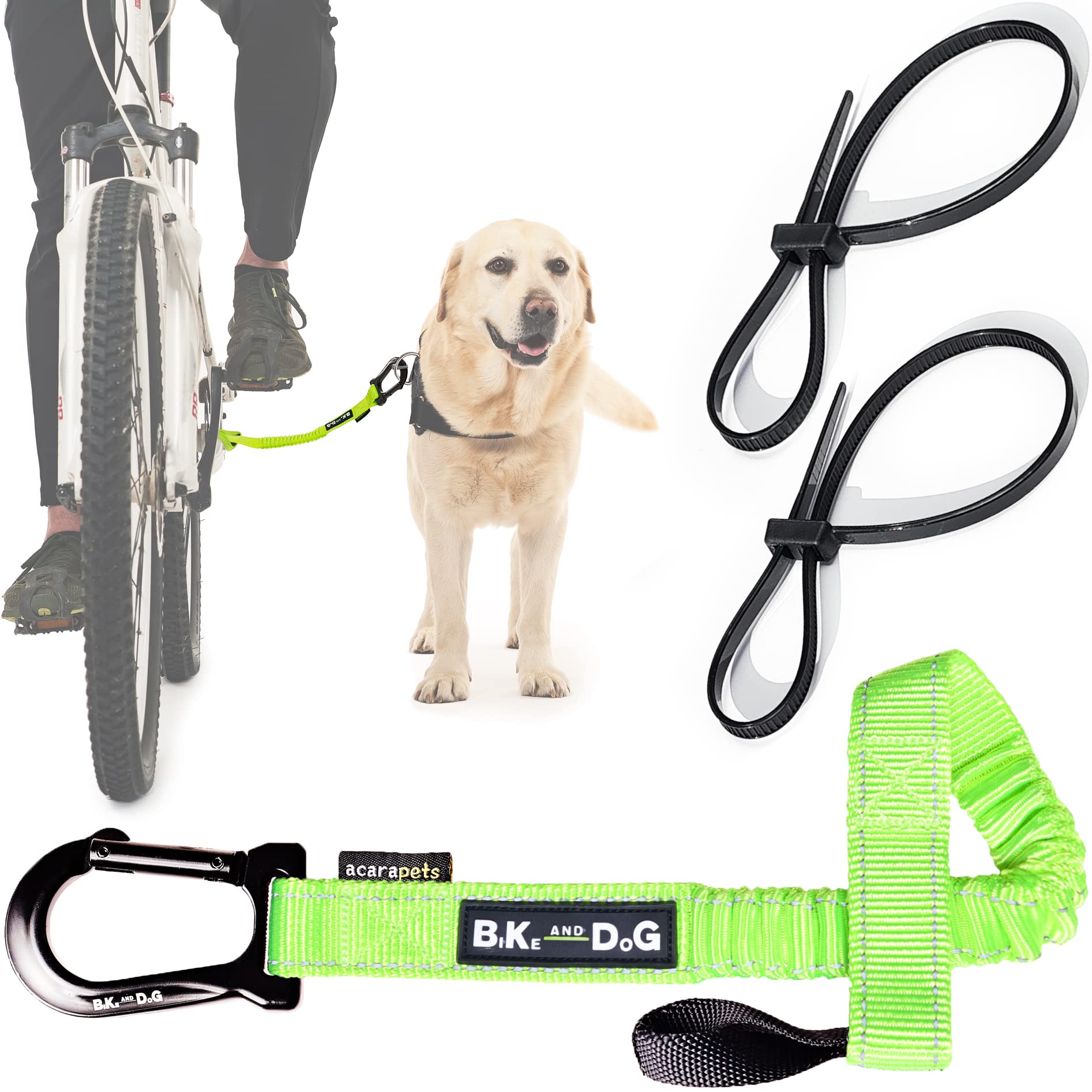 BIKE AND DOG - Patented Bicycle Dog Leash & Harness with 3 Rings (2 Side Rings) & 2 Special Cable Ties - Reflective Fluorescent Yellow for Safe Cycling with Your Dog | Perfect for Outdoor Adventures, Jogging & Bike Rides