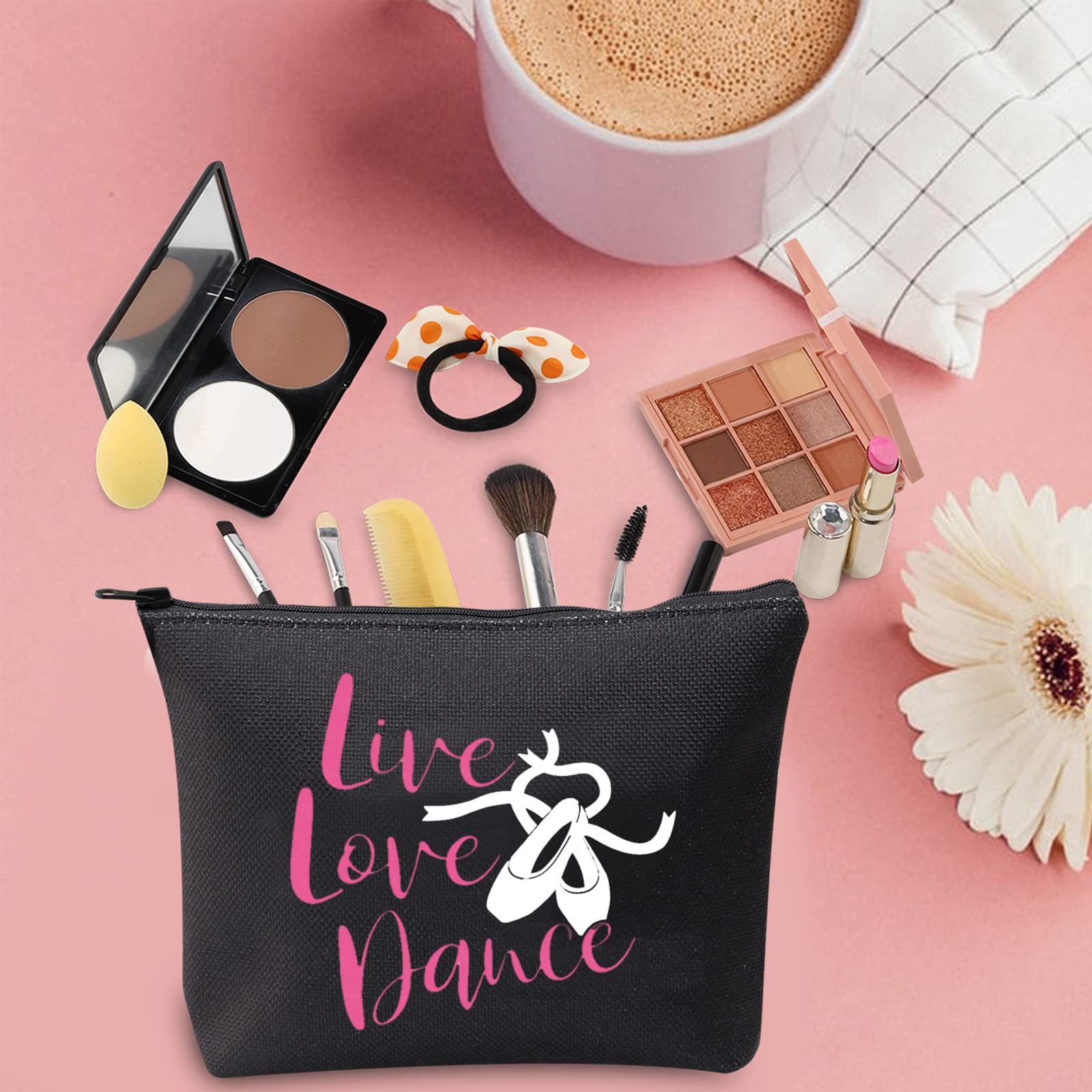 TSOTMO Live Love Dance Makeup Bag - Dancer Cosmetic Pouch & Teacher Gift - Travel Makeup Case (Black) - Perfect for Dance Recitals, Backstage Essentials & Ballet Class Accessories