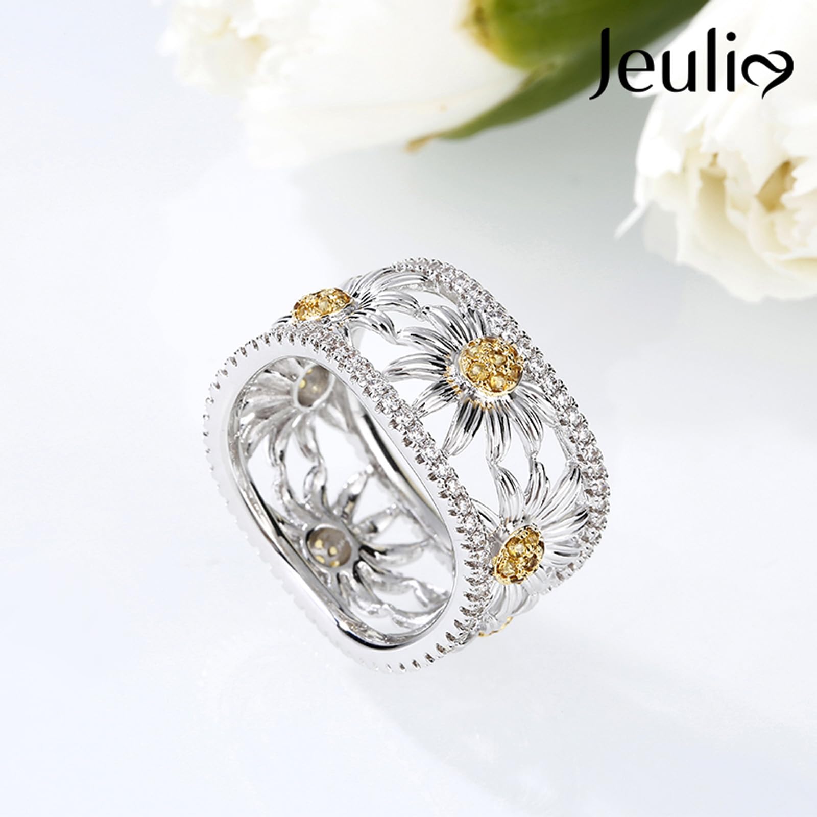 Jeulia Women's Sunflower Band Ring - S925 Sterling Silver Yellow Diamond Hollow Curved Promise Ring for Anniversary, Birthday Gift | Perfect for Weddings, Engagements & Special Occasions