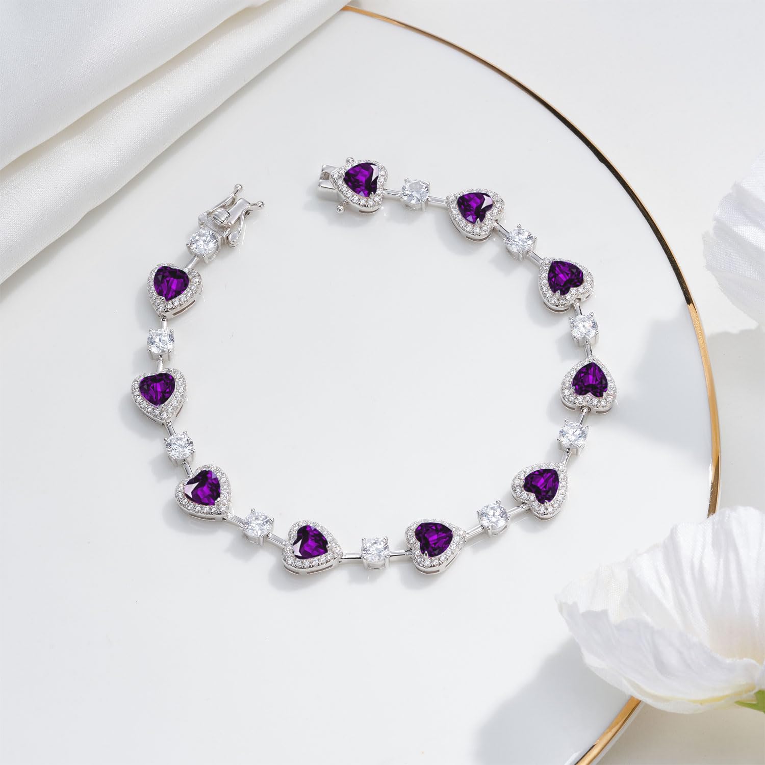 Birthstone Tennis Bracelet for Women - Sterling Silver Heart Charm Bracelet, Fine Jewelry Gift for Mom, Anniversary, Birthday - 18cm | Perfect for Everyday Wear, Special Occasions & Gifting