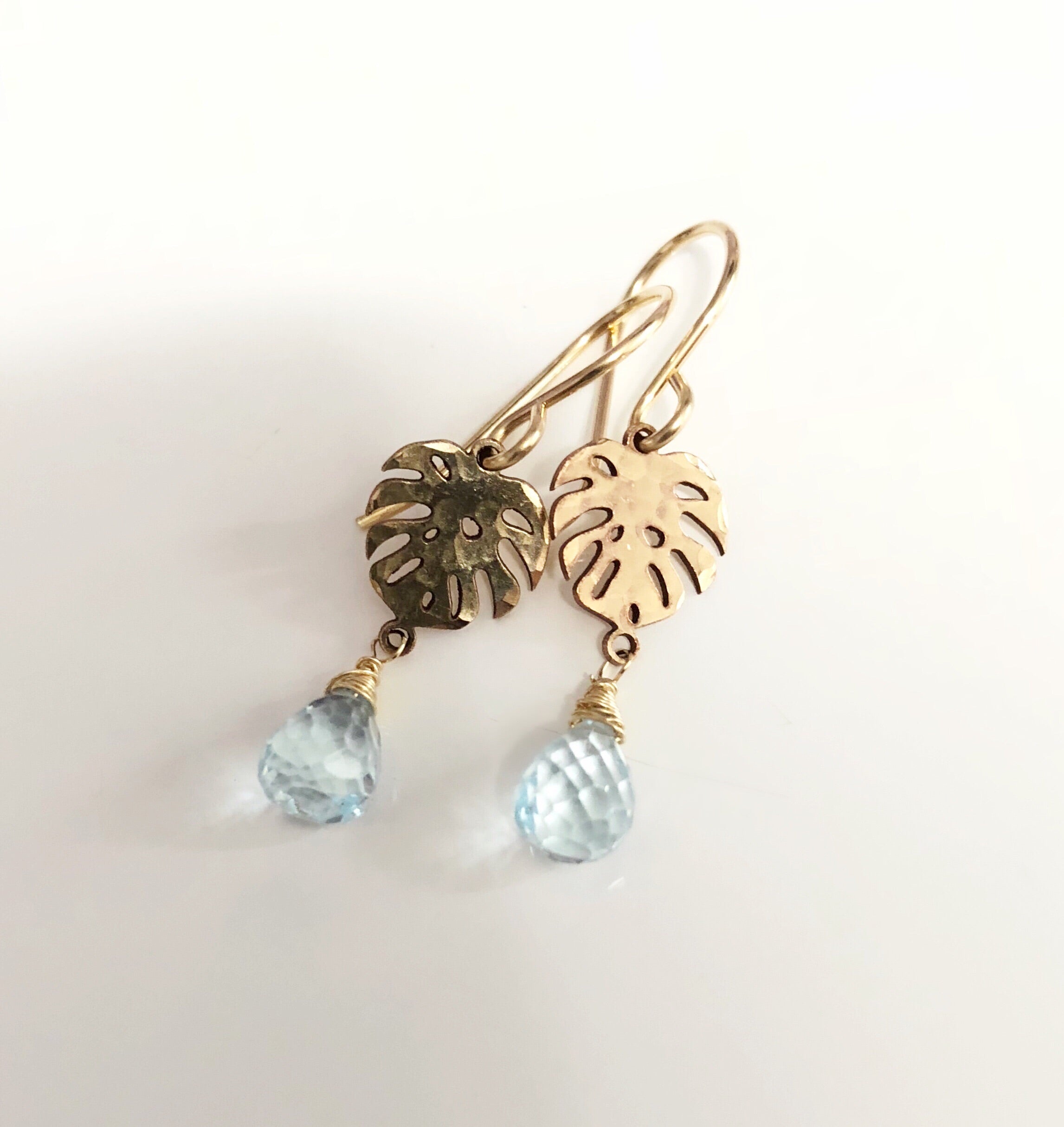 Petite Monstera Dangle Earrings with Blue Topaz (E497) – Elegant Boho Jewelry for Women, Perfect for Parties & Everyday Wear
