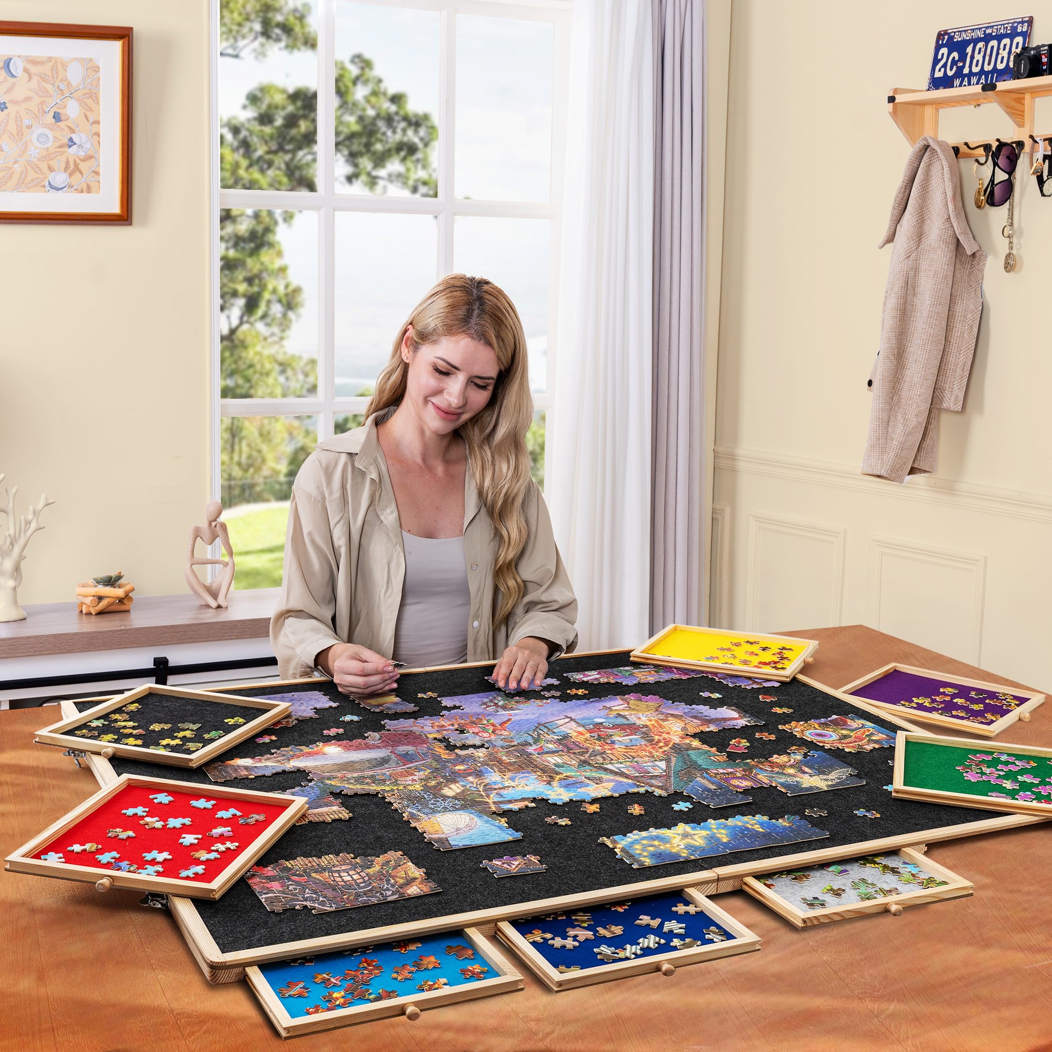 Tektalk 2000 Piece Foldable Puzzle Board with 8 Sorting Trays & Drawers - Portable Jigsaw Puzzle Table with Cover - Storage Solution for 2000/1500/1000/500 Piece Puzzles - Perfect for Family Game Nights & Puzzle Enthusiasts