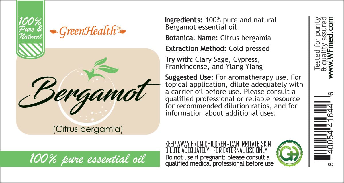 100% Pure Bergamot Essential Oil - 1 fl oz (30ml) Natural Aromatherapy Oil for Stress Relief, Mood Boosting & Skin Care - Greenhealth - Perfect for Diffusers, Massage & DIY Beauty Products
