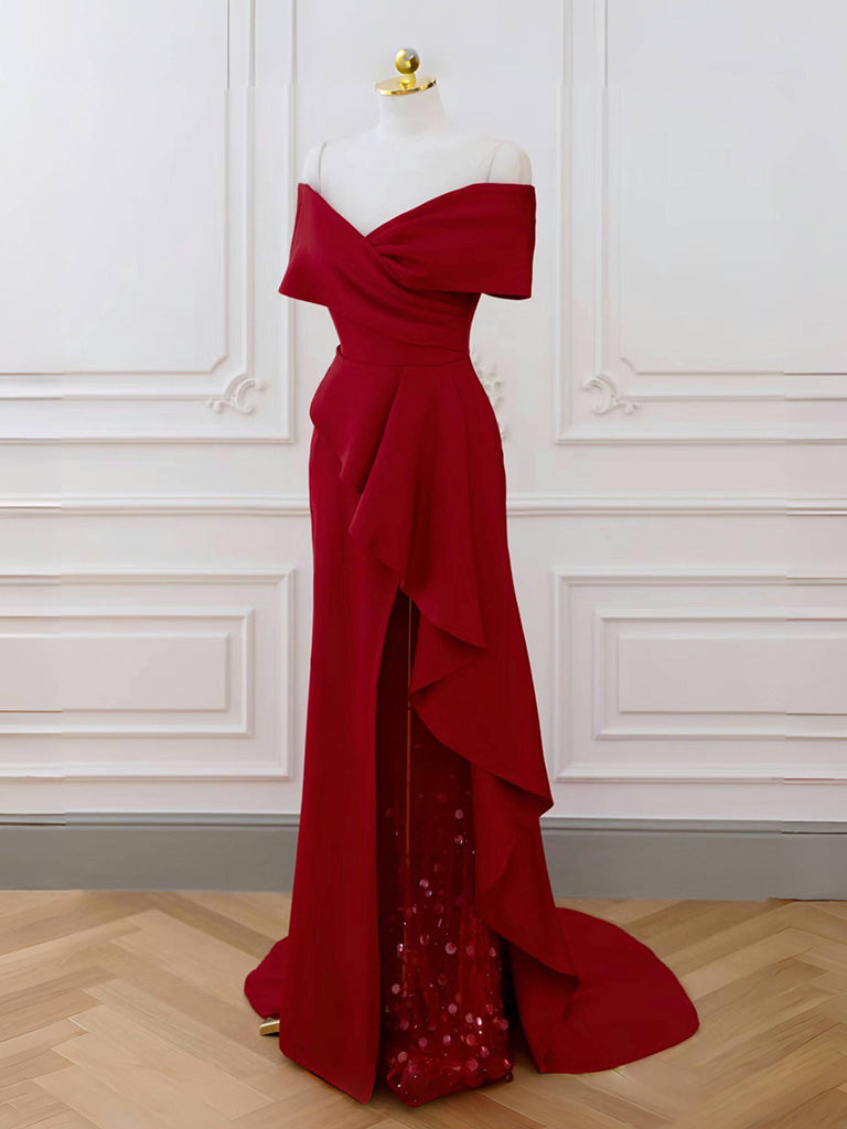 Elegant Burgundy A-Line V-Neck Off-Shoulder Long Prom Dress - Formal Evening Gown for Homecoming, Ball, Wedding & Special Occasions