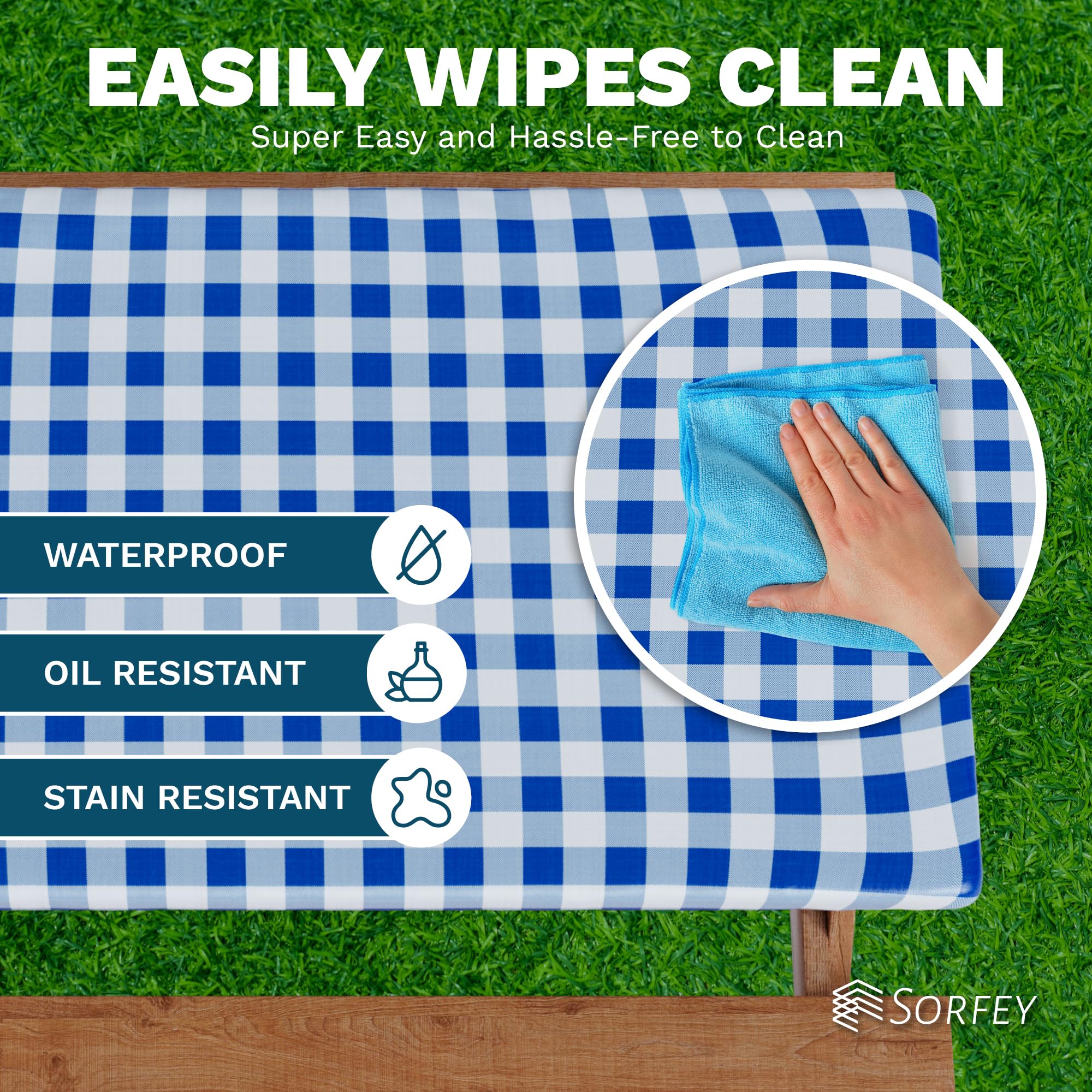 Sorfey Waterproof Picnic Table Cover - Elastic Fitted Vinyl with Flannel Back, Fits 96