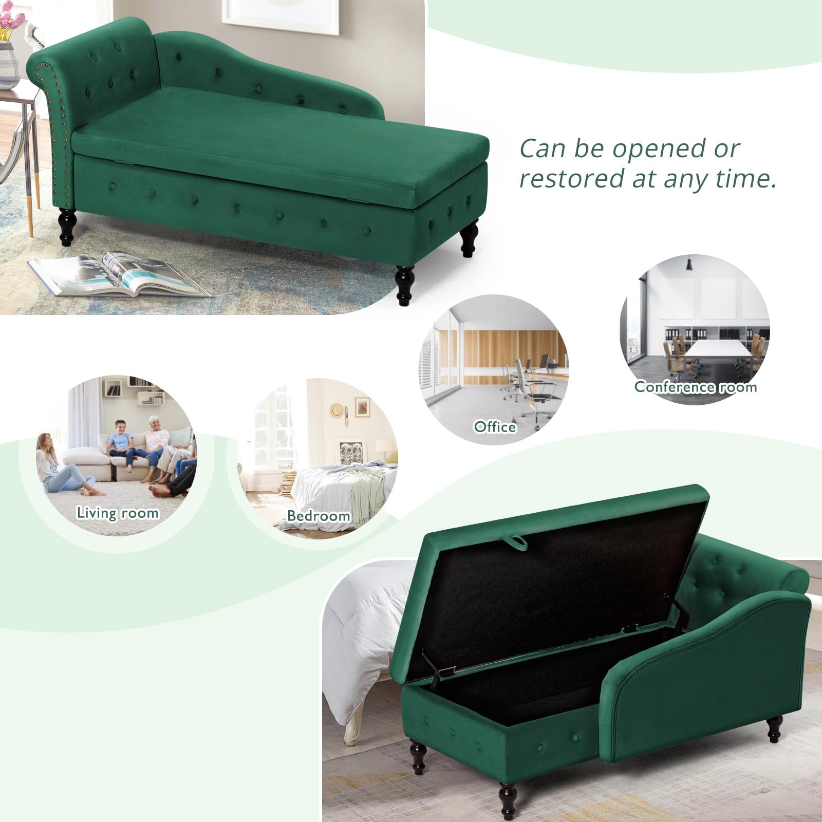 Velvet Upholstered Chaise Lounge with Left Armrest & Lumbar Pillow - Button Tufted Storage Sofa, Modern Lounge Chair for Bedroom, Living Room & Office - Green | Perfect for Small Spaces, Reading Nook & Relaxation