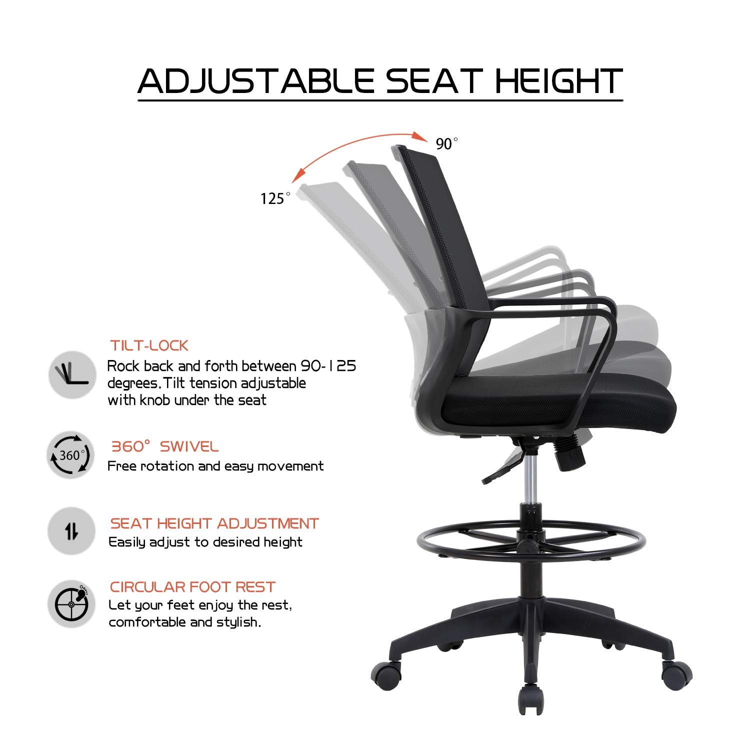 Ergonomic Adjustable Height Drafting Chair with Lumbar Support & Foot Ring - Mid Back Mesh Office Chair for Home & Workstation - Perfect for Architects, Designers & Long Hours Computer Work (Black)