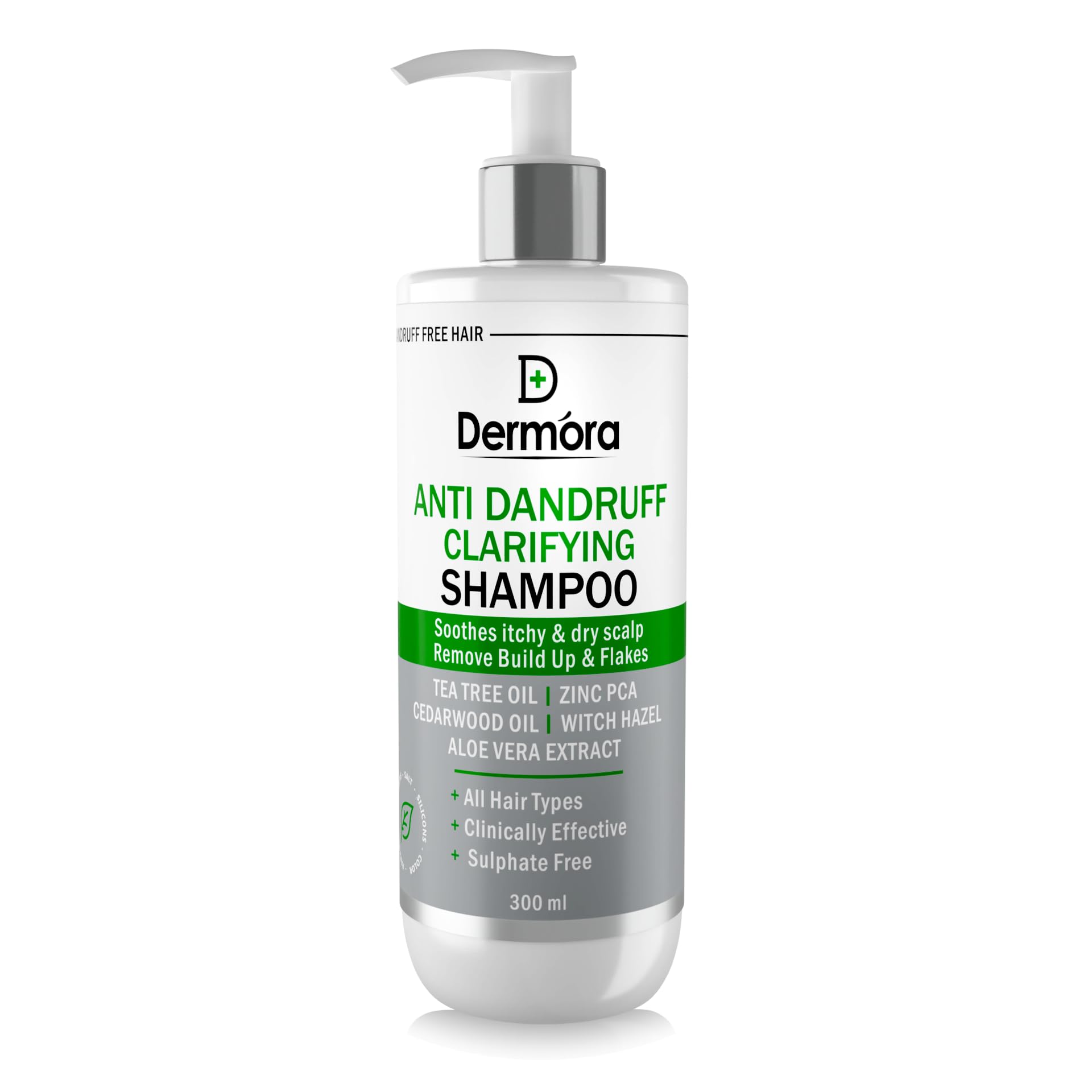 Dermora Anti-Dandruff Clarifying Shampoo 300ml - Sulfate & Paraben Free with Tea Tree Oil, Zinc, Witch Hazel & Aloe Vera - Reduces Dandruff & Flakes, Soothes Itchy Scalp - Perfect for Daily Use & Sensitive Scalp Care