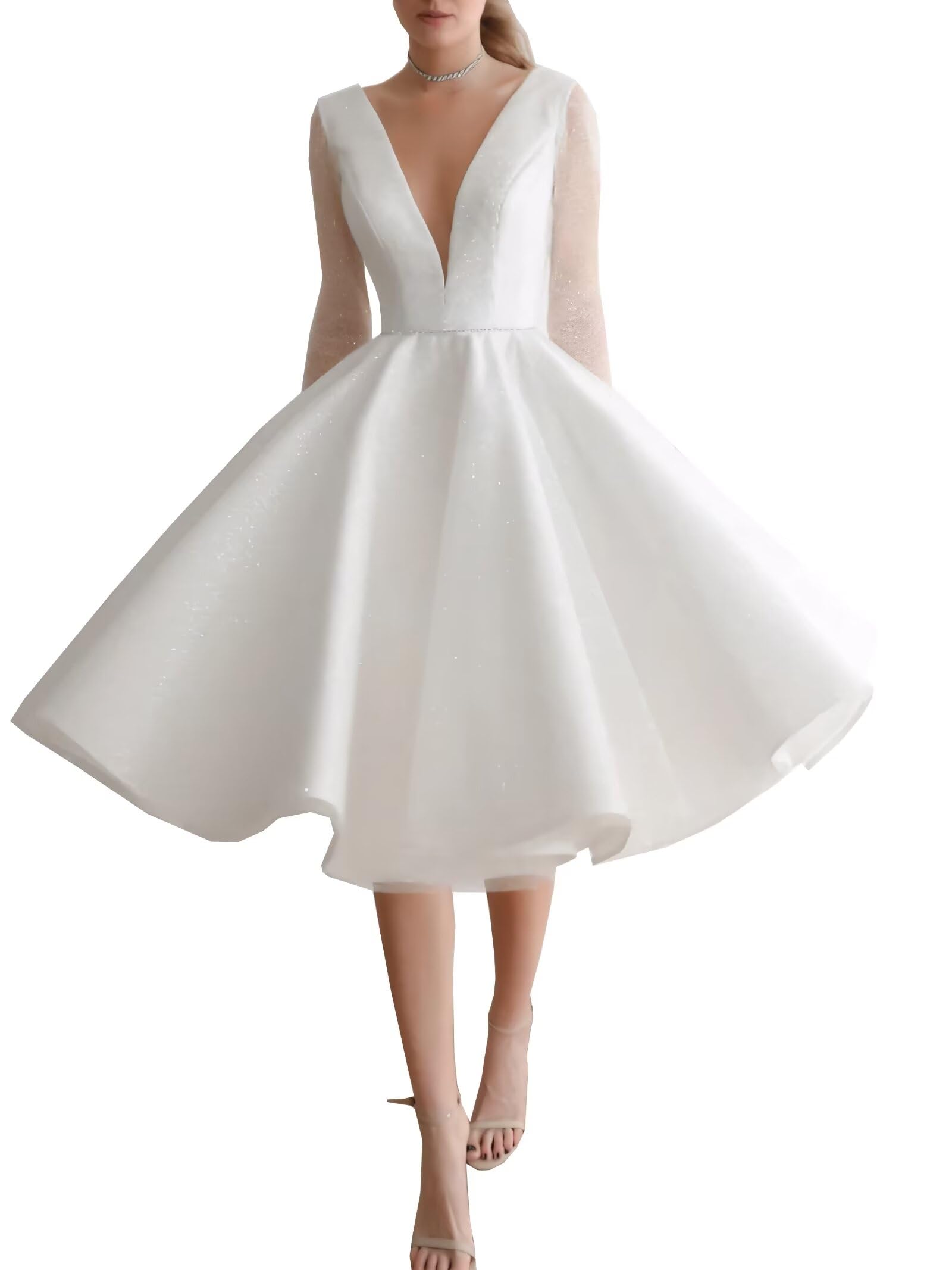 Elegant A-Line Satin Wedding Dress with Sparkly Tulle Long Sleeves | Knee-Length Beach Wedding Gown for Bride | Perfect for Beach, Garden & Destination Weddings