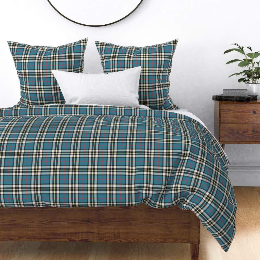 Custom Tartan Plaid Check Buffalo Blue Lines Geo Scottish Print Cotton Sateen Duvet Cover - Full/Queen Size for Classic & Simple Bedroom Decor - Perfect for Home, Guest Room, and Airbnb Styling