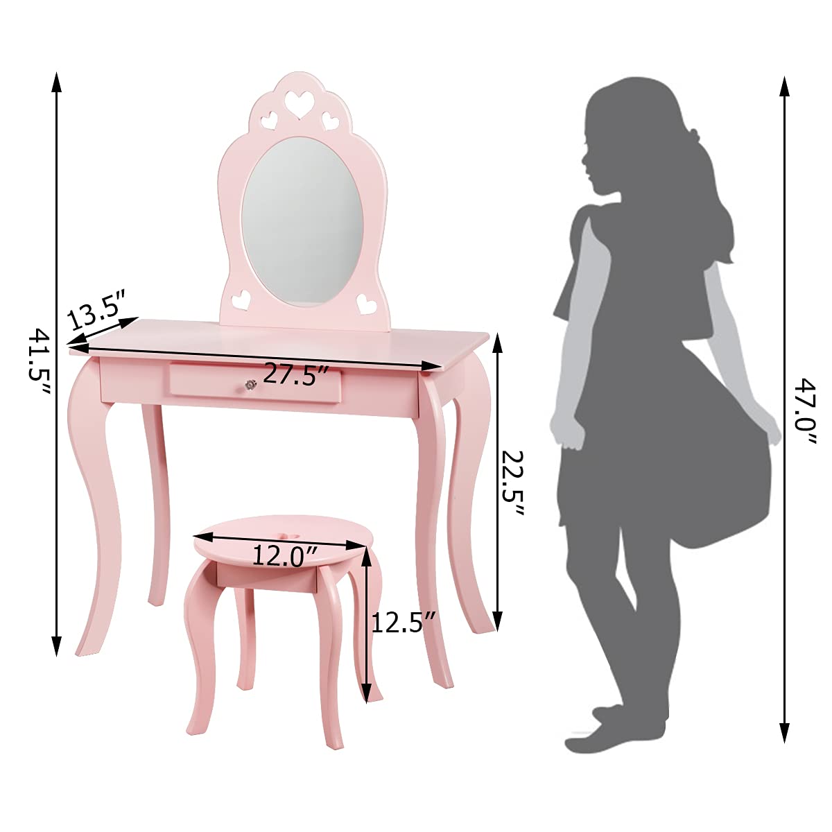 HONEY JOY Pink Kids Vanity Set with Mirror & Stool - Wooden Toddler Makeup Dressing Table with Removable Top & Drawer - Princess Pretend Play Beauty Set for Little Girls - Perfect for Birthday Gifts, Bedroom Decor & Role Play Activities