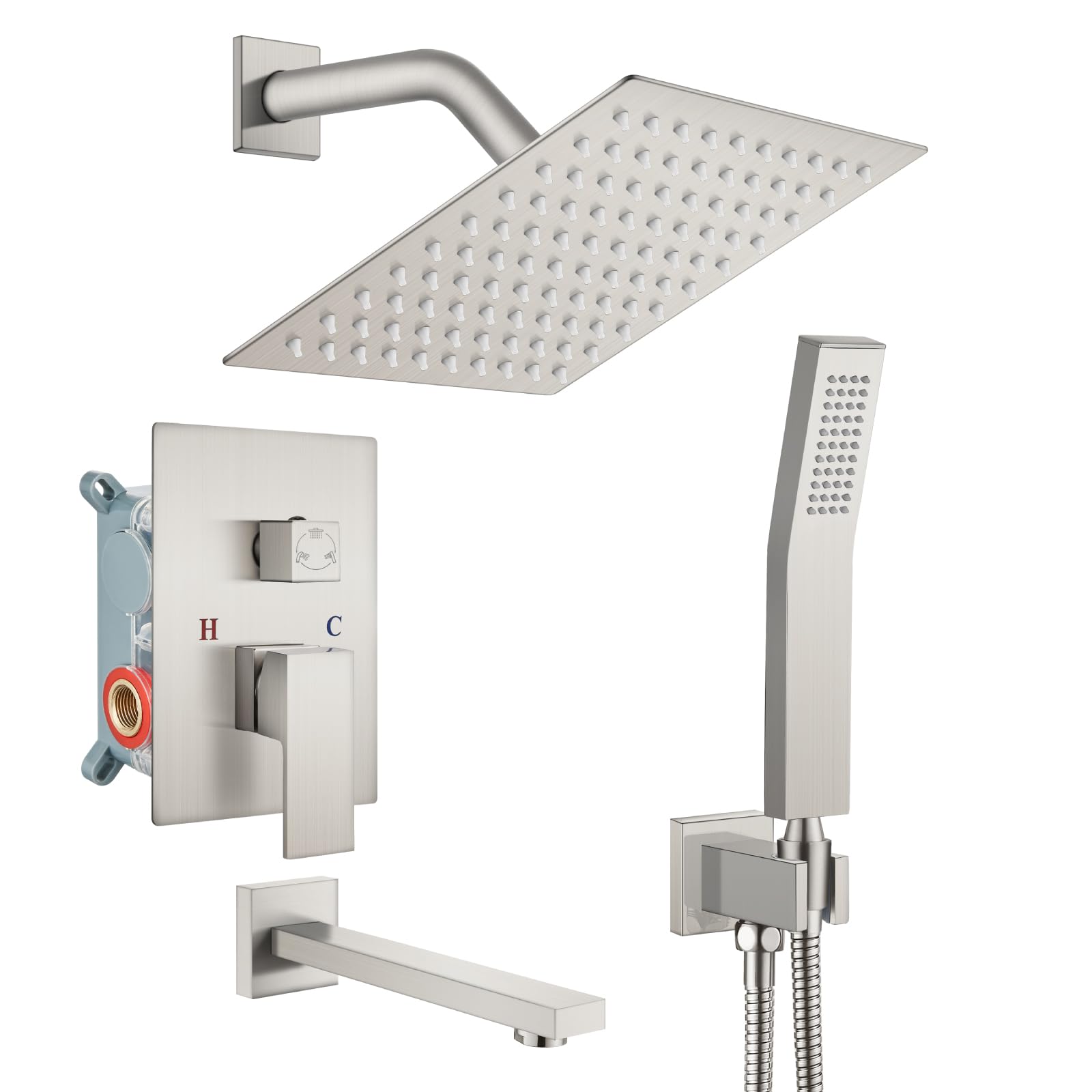 Gotonovo 3-Function Wall Mount Shower System Set with Rainfall Shower Head, Handheld Spray, and Tub Spout - 8 Inch Brushed Nickel Shower Faucet Combo with Rough-In Valve - Perfect for Bathroom Renovation and Modern Home Spa Experience