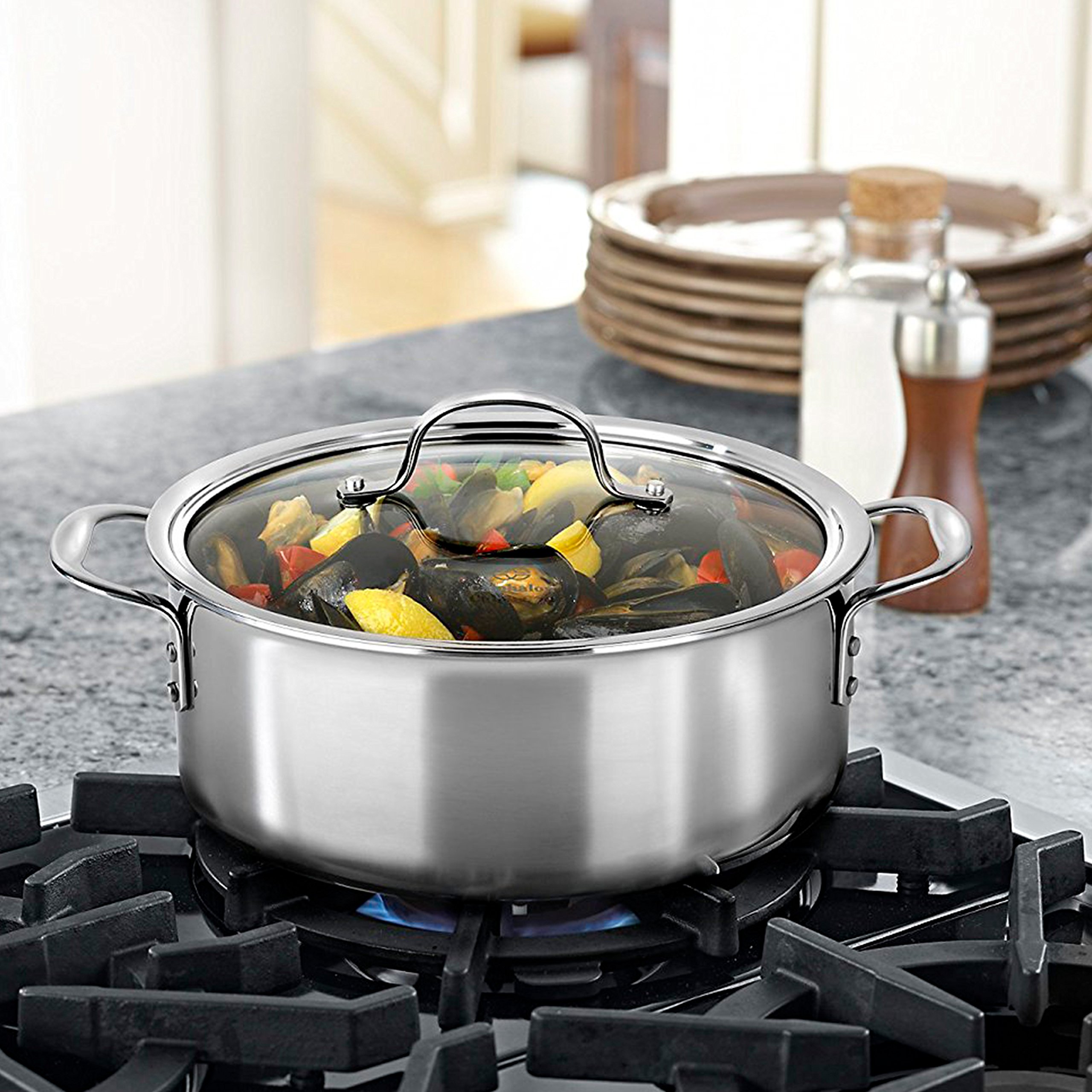 Calphalon Tri-Ply Stainless Steel Dutch Oven 5-Quart - Premium Kitchen Cookware for Braising, Stewing & Baking - Perfect for Soups, Casseroles & Family Meals