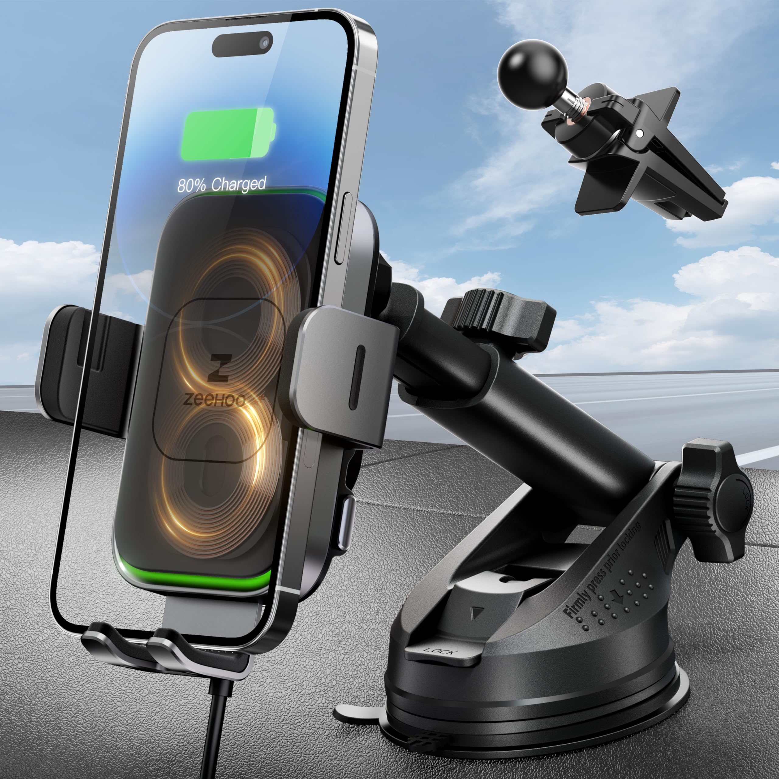 ZEEHOO 15W Fast Wireless Car Charger with Auto-Clamping - Dual Coil Qi-Certified Phone Holder for iPhone 15 14 13 12 Pro Max Mini - Perfect for Commuting & Road Trips