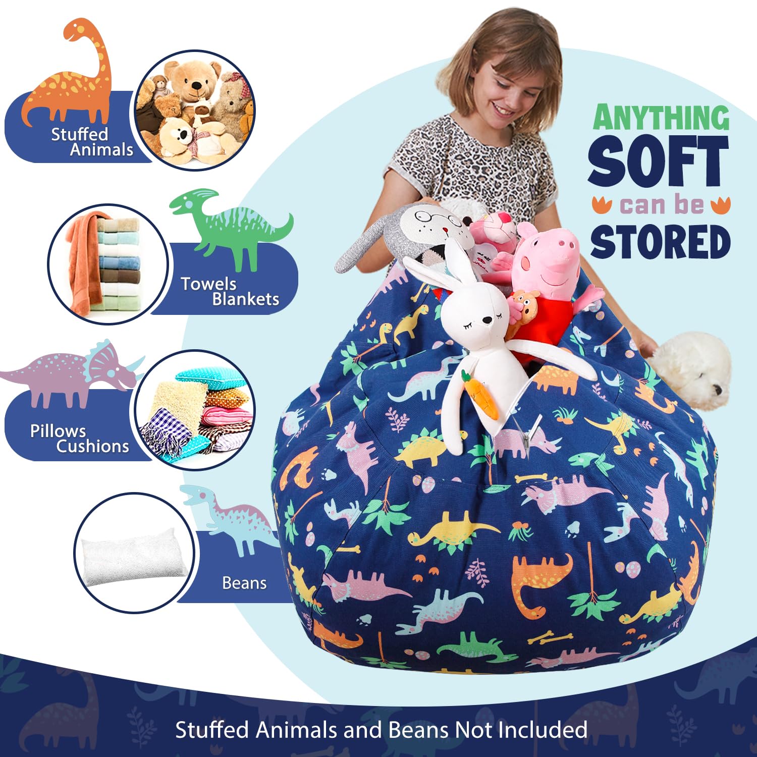 Dinosaur Stuffed Animal Storage Bean Bag Chair Cover for Kids - Organize Toddler & Kids' Room Toys | Plush Toy Organizer for Playroom, Bedroom & Nursery