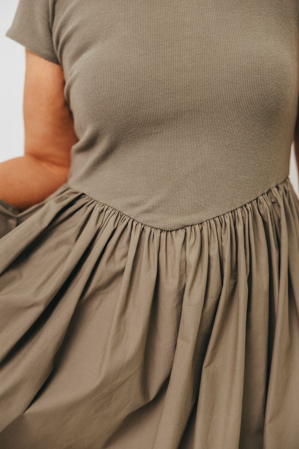 Dolores Olive Rib and Woven Skirt Combo Dress for Women | Elegant Casual Outfit for Parties, Dates & Office Wear