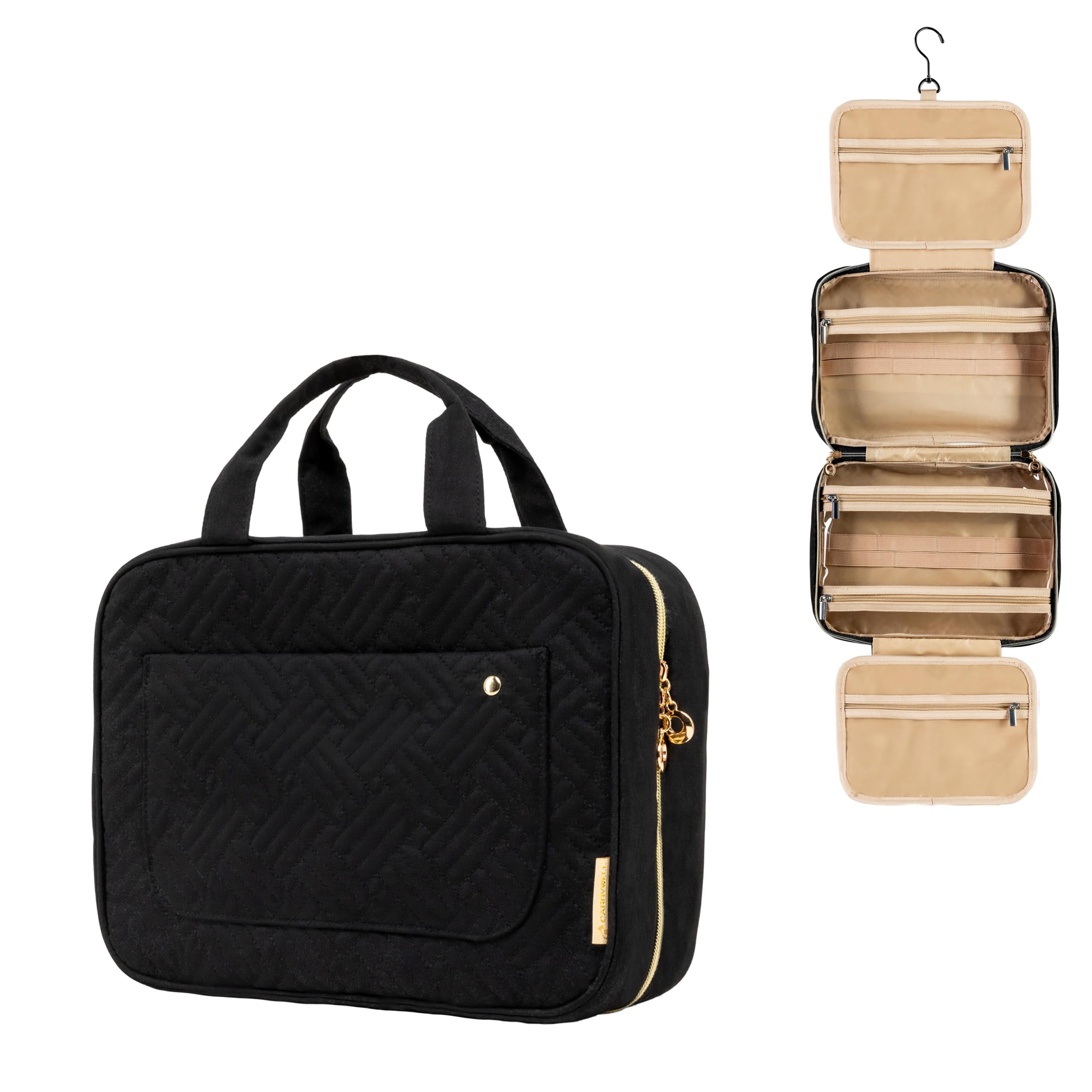 Water-Resistant Hanging Toiletry Bag for Women - Travel Makeup Organizer with Cosmetic & Brush Storage - Small Black Toiletries Bag for Vacation, Gym, Camping & Business Trips