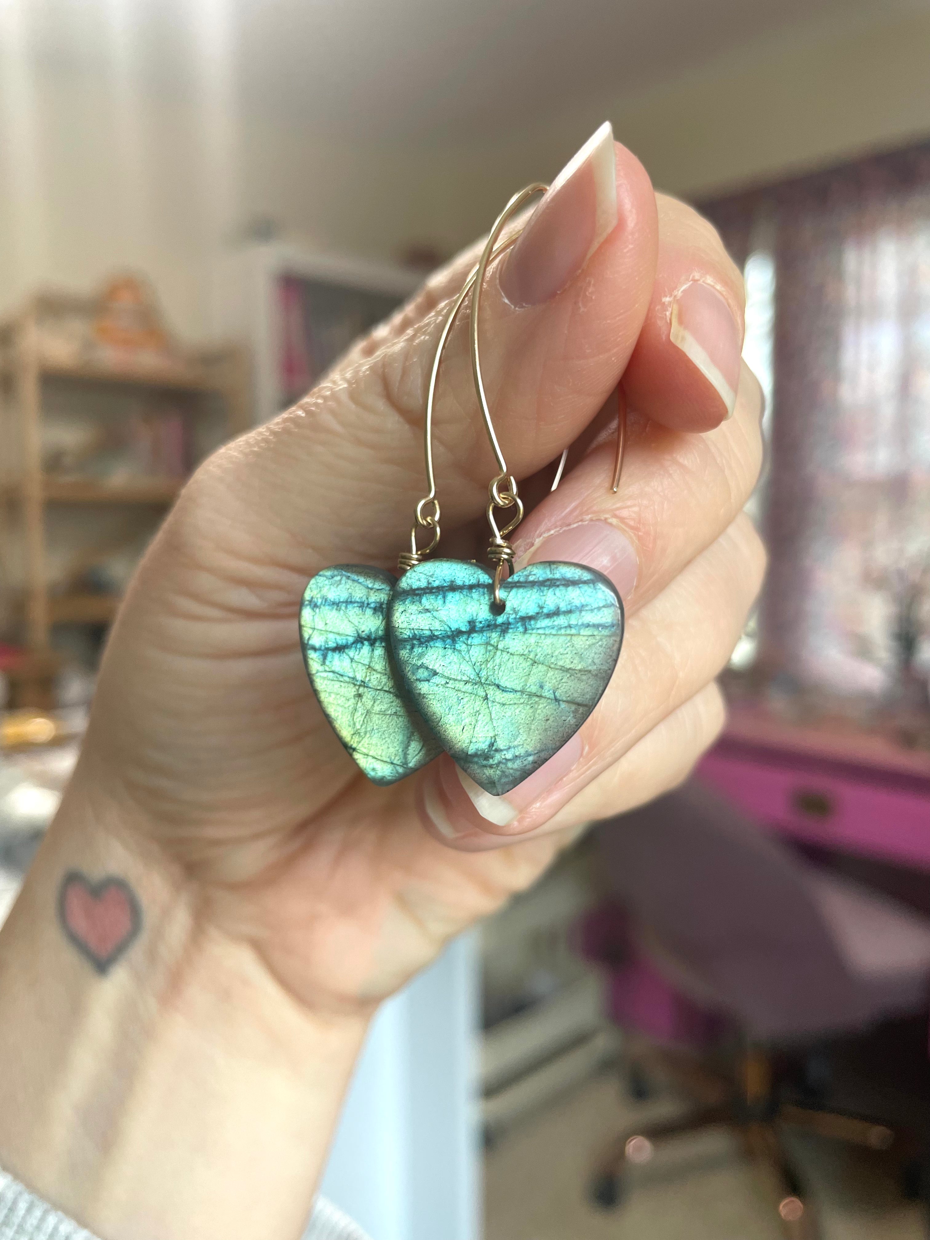 Statement Gold Labradorite Heart Dangle Drop Crystal Earrings for Women | Elegant Bohemian Jewelry for Party, Wedding & Special Occasions