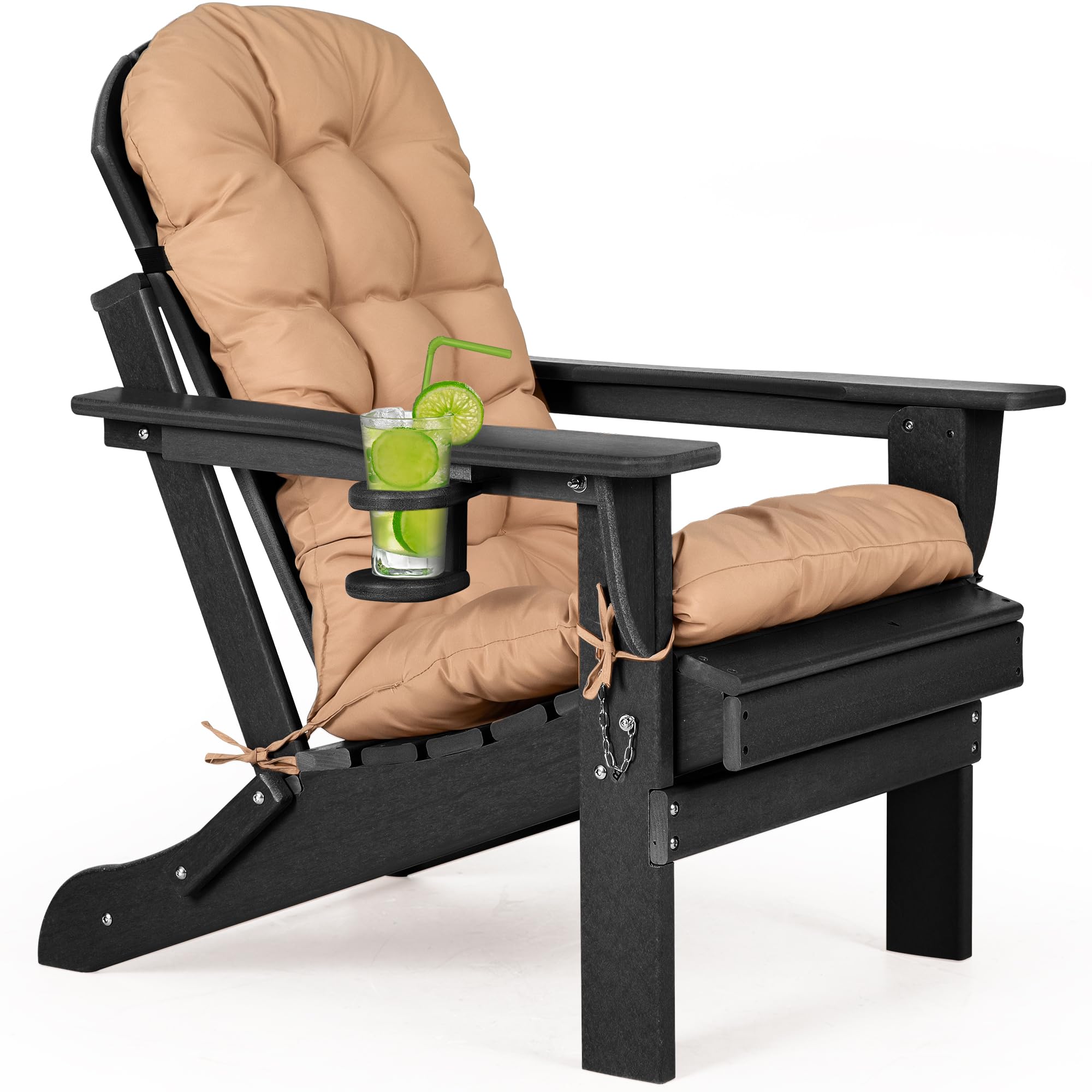 Nalone Folding Adirondack Chair with Cushion & Cup Holder - HDPE Plastic Oversized Weather-Resistant Outdoor Patio Chair for Deck, Garden, Fire Pit, Camping & Backyard Relaxation (Black)