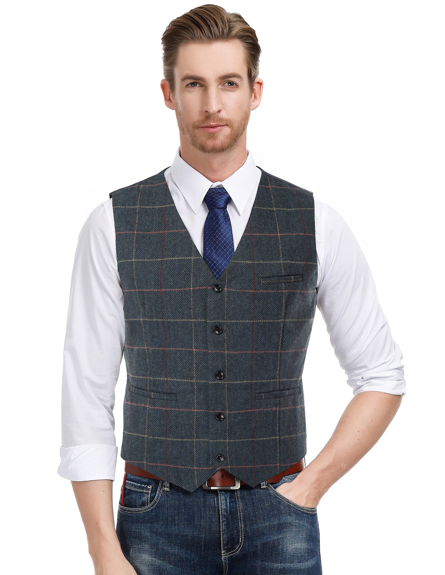 Men's Slim Fit Western Herringbone Tweed Vest - Wool Blend V-Neck Waistcoat for Business, Weddings & Formal Events