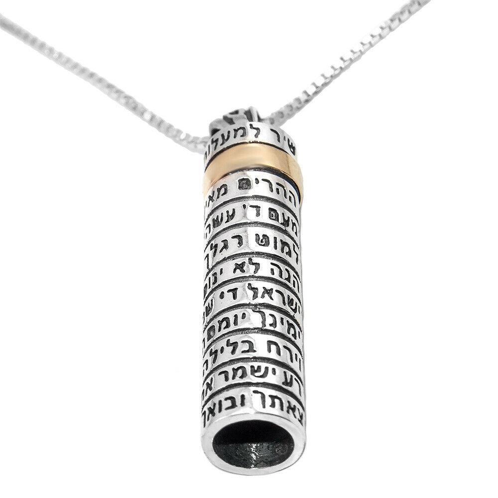 Kabbalah Amulet Pendant - Sterling Silver & 9K Gold Mezuzah with Lord's Prayer Blessings - Spiritual Protection Jewelry for Home & Travel