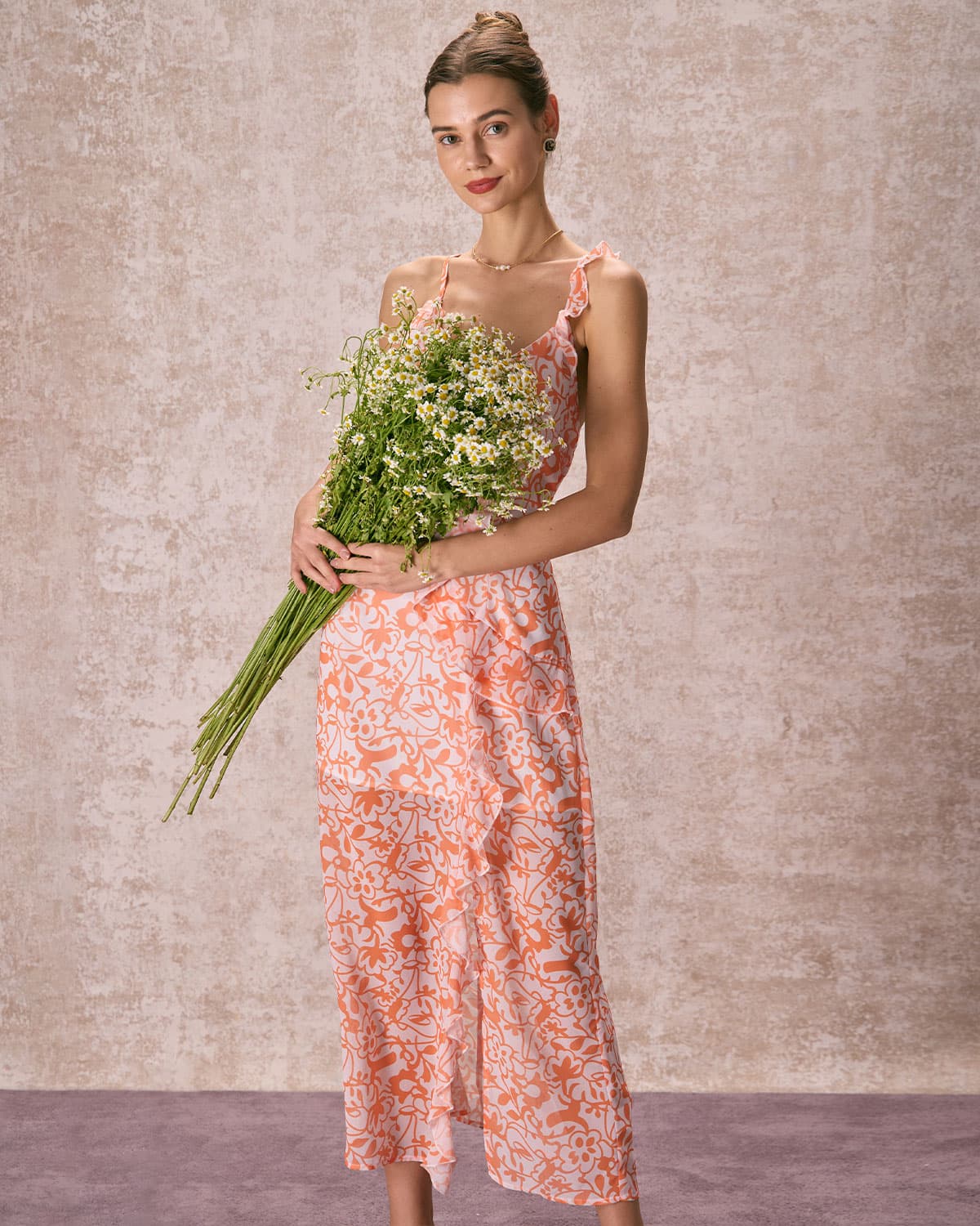 Floral Ruffle Maxi Dress for Women - Orange V-Neck Boho Summer Beach Dress - Perfect for Vacations, Weddings & Outdoor Parties