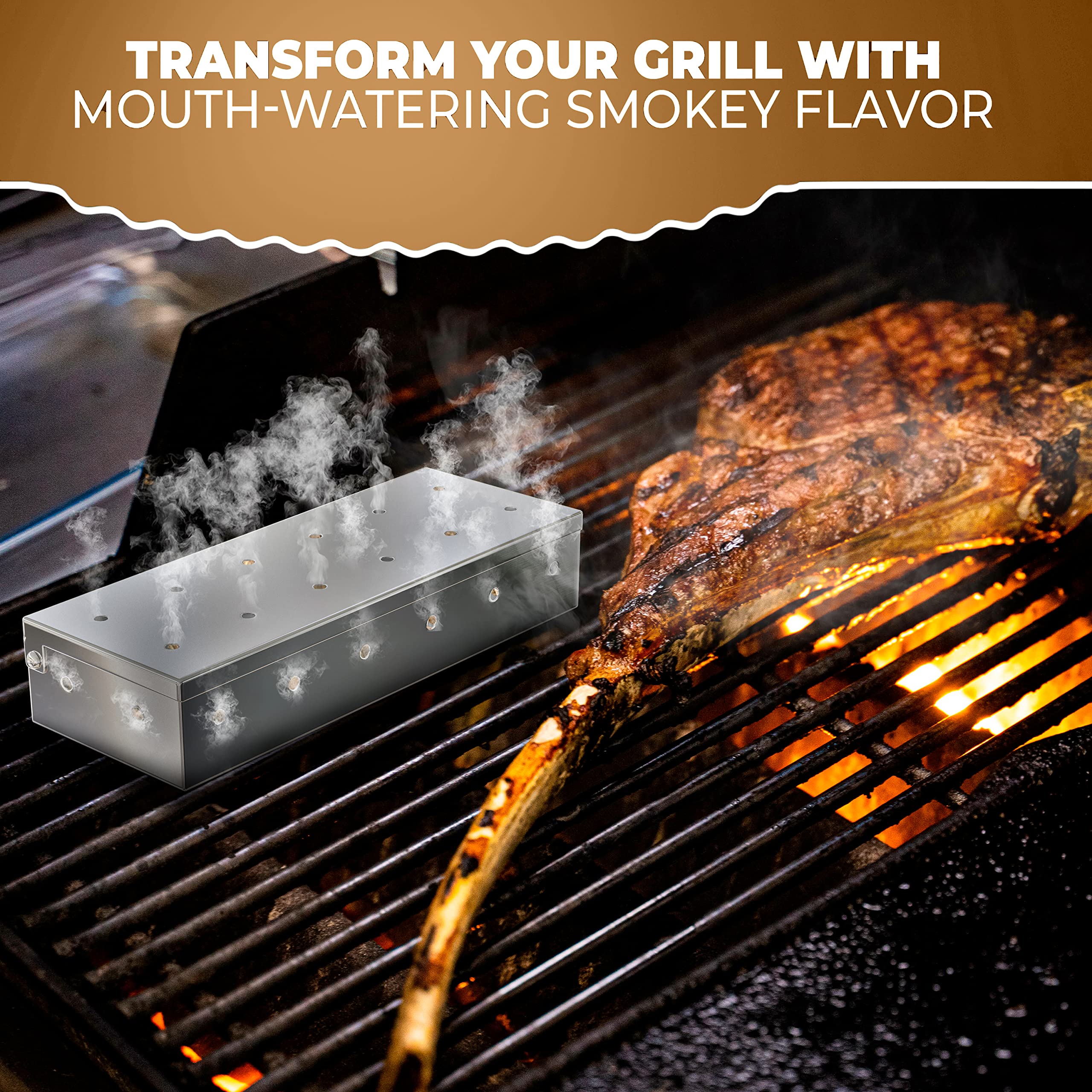 Premium Smoker Box for Gas Grill - Pre-Filled with Oak Wood Chips - Enhance BBQ Flavor on Propane & Pellet Grills - Perfect for Backyard BBQs, Tailgating & Outdoor Cooking