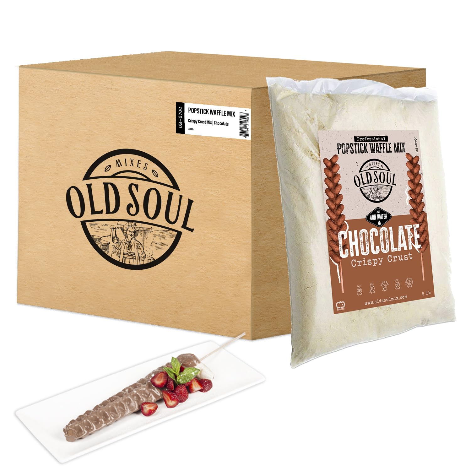 OldSoul Waffle Mix for Waffles on a Stick - Soy & Nut Free Chocolate Dough Mix (30 lbs, Makes 672 Stick Waffles) - Perfect for Carnivals, Parties, and Street Food Vendors