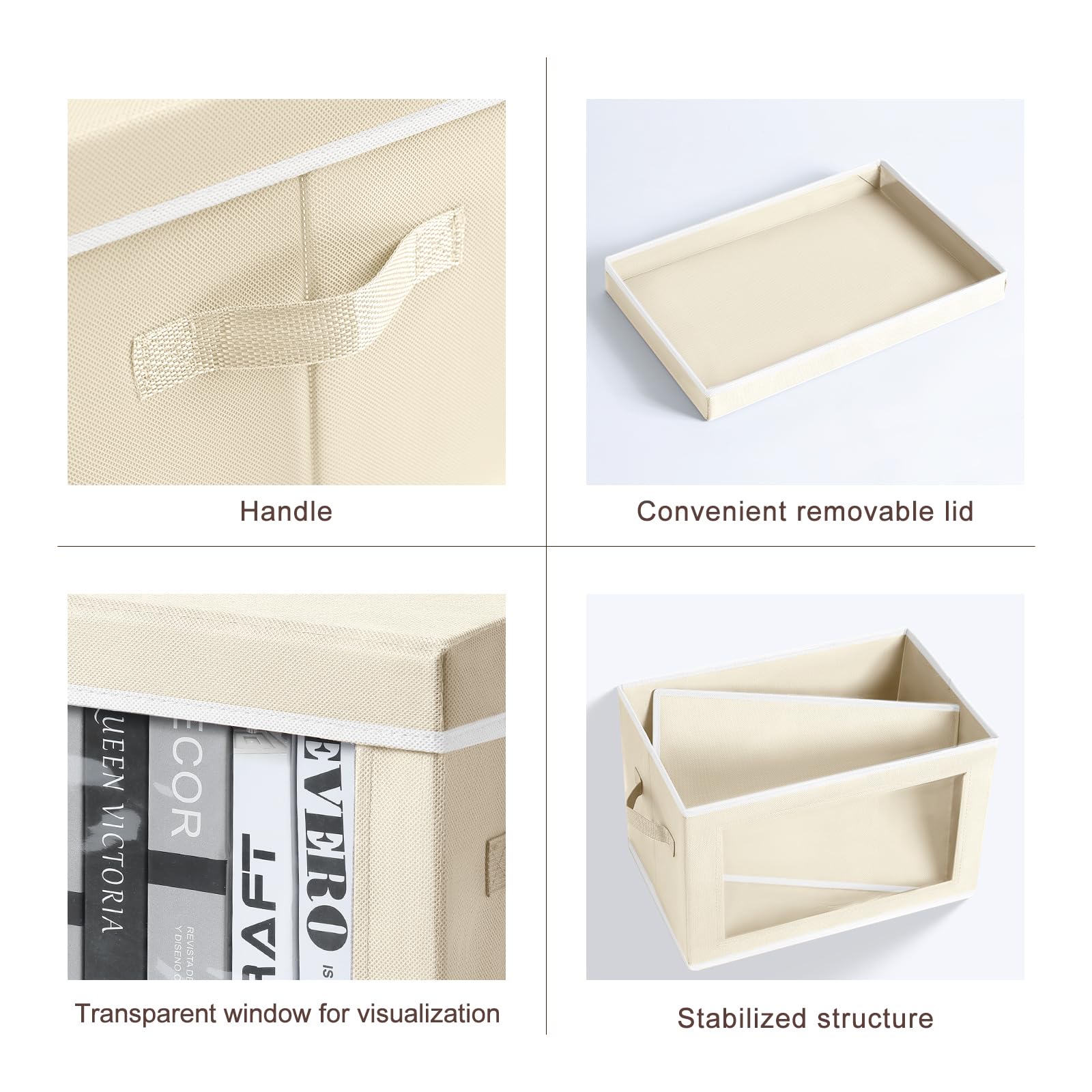 Clear Window Fabric Storage Boxes with Lids - 4 Pack Large Decorative Storage Bins with Handles, Linen Closet Organizer for Clothes, Towels & Blankets - Perfect for Bedroom, Closet & Home Organization (Beige)