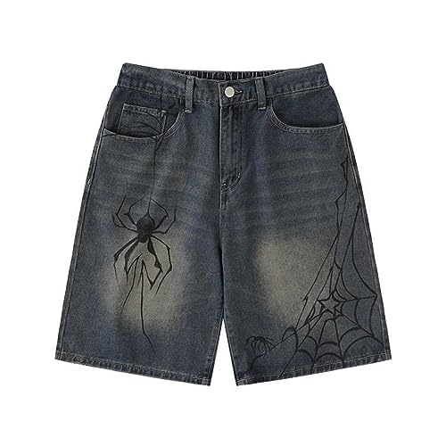 CUTEGAL Unisex Jorts - Mid Rise Spider Denim Shorts for Women & Men | Wide Leg Baggy Jeans | Y2K Casual Streetwear Pants | Perfect for Summer Outfits, Music Festivals and Retro Fashion Styles