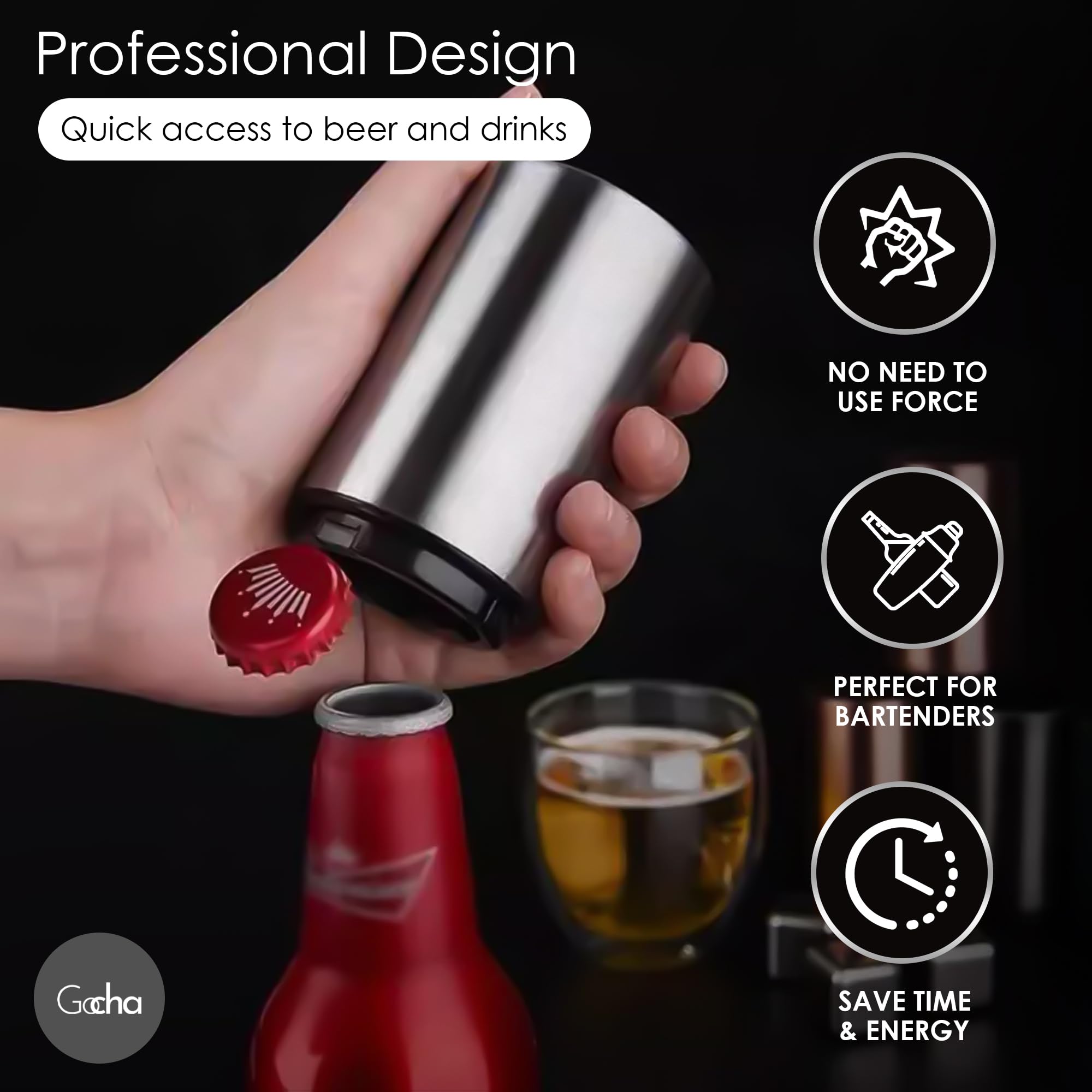 Premium Magnetic Bottle Opener - Automatic Push & Pull Beer Cap Opener with Stainless Steel Catcher - Pack of 1 (Silver) - Perfect for Kitchen, Bar, Camping, Parties & Outdoor Adventures